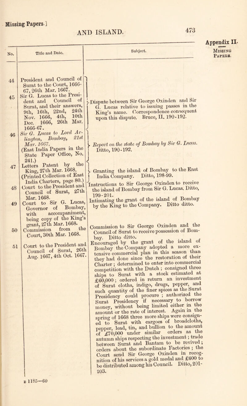 AND ISLAND. 473 No. 44 45 46 Title 9/iid I^^te. 47 48 49 Subject. 50 51 President and Council of Surat to the Court, 1666- 67, 26th Mar. 1667. Sir G. Lucas to the Presi- dent and Council of Surat, and their answers, 9th, 16th, 22nd, 24th Nov. 1666, 4th, 10th Dec. 1666, 26th Mar. 1666-67. Sir G. Litcas to Lord Ar- ] lingto7i, Bombay, 21st Mar. 1667. (East India Papers in the State Paper Office, No. 241.) Letters Patent by the King, 27th Mar. 1668. (Printed Collection of East India Charters, page 80.) Court to the President and Council of Surat, 27th Mar. 1668. Court to Sir G. Lucas, Governor of Bombay, with accompaniment, being copy of the King’s grant, 27th Mar. 1668. Commission from the Court, 30th Mar. 1668. Court to the President and Council of Surat, 26th Aug. 1667, 4th Oct. 1667. ^ Dispute between Sir George Oxinden and Sir G. Lucas relative to issuing passes in the King’s name. Correspondence consequent upon this dispute. Bruce, II. 190-192. I I Report on the state of Bombay by Sir G. Jjmis, \ Ditto, 190-192. t Granting the island of Bombay to the East India Company. Ditto, 198-99. J Instructions to Sir George Oxinden to receive the island of Bombay from Sir G. Lucas. Ditto, 199-201. , , ^ -o T Intimating the grant of the island of Bombay by the King to the Company. Ditto ditto. Commission to Sir George Oxinden Council of Surat to receive possession of Bom- bay. Ditto ditto. . 1 j f Encouraged by the grant of the island ot Bombay the Company adopted a more ex- tensive commercial plan in this season than they had done since the restoration of their Charter ; determined to enter into commercial competition with the Dutch ; consigned three ships to Surat with a stock estimated at £60,000 ; ordered in return an investment of Surat cloths, indigo, drugs, pepper and such quantity of the finer spices as the Surat Presidency could procure ; authorised the Surat Presidency if necessary to borrow money, without being limited either in the amount or the rate of interest. Again in the spring of 1668 three more ships were consign- ed to Surat with cargoes of broadcloths, pepper, lead, tin, and bullion to the amount of ifi70,000 under similar orders as the autumn ships respecting the investment; trade between Surat and Bantam to be revived; orders about the subordinate Factories ; the Court send Sir George Oxinden in recog- nition of his services a gold medal and £400 to be distributed among his Council. DittOj 201- 203. Appendix II« Missing Papers, B 1185—60