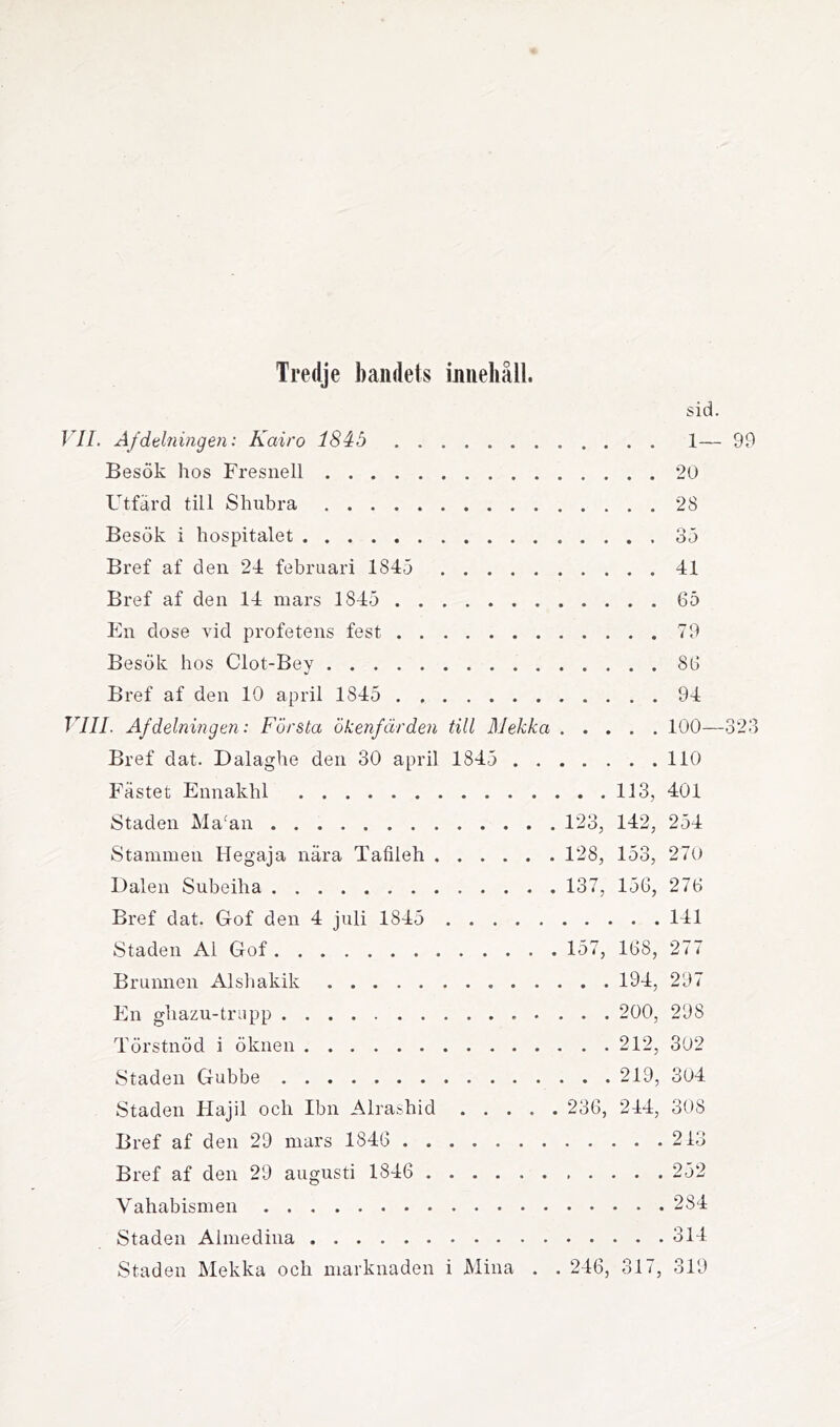 Tredje bandets innehåll. sid. i IL Af delning en: Kairo 1845 Besök hos Fresnell Utfärd till Shubra Besök i hospitalet Bref af den 24 februari 1845 Bref af den 14 mars 1845 En dose vid profetens fest Besök hos Clot-Bey Bref af den 10 april 1845 VIII. Af delningen: Första ökenfärden till Mekka Bref dat. Dalaghe den 30 april 1845 Fästet Ennakhl 113, Staden Ma[an 123, 142, Stammen Hegaja nära Tafileh 128, 153, Dalen Subeiha 137, 156, Bref dat. Gof den 4 juli 1845 Staden Al Gof 157, 168, Brunnen Alshakik 194, En gliazu-trupp 200, Törstnöd i öknen 212, Staden Gubbe 219, Staden Flajil och Ibn Alrashid 236, 244, Bref af den 29 mars 1846 Bref af den 29 augusti 1846 1— 99 20 28 35 41 65 79 86 94 100—323 110 401 254 270 276 141 277 297 298 302 304 308 213 252 Vahabismen 284 Staden Almedina 314 Staden Mekka och marknaden i Mina . . 246, 317, 319