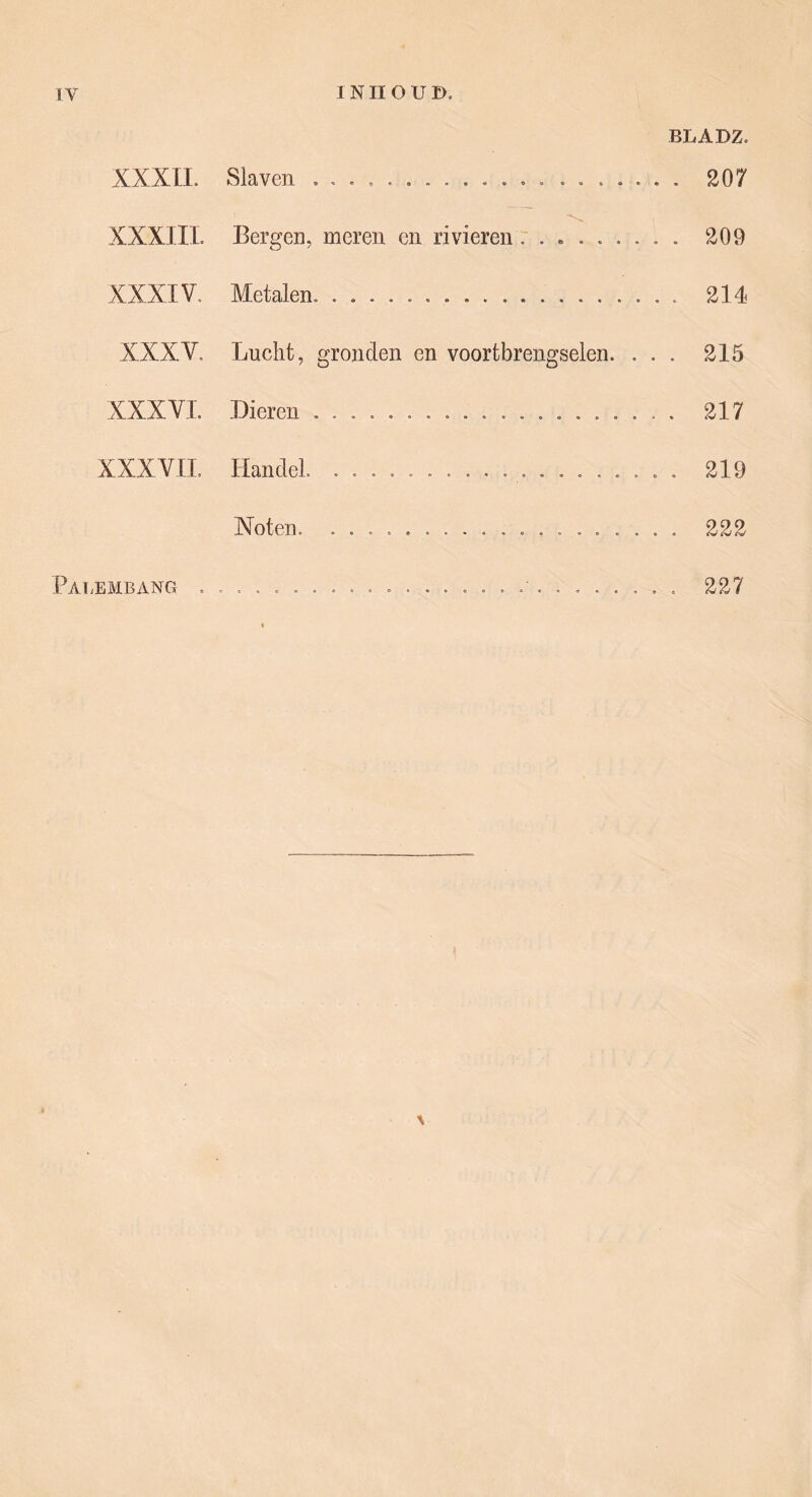 XXXll. BLADZ. SlSiVcii .o. .o.»... 20?^ XXXIII. Bergen, meren en rivieren: 209 XXXIV. Metalen. 214 XXXV. Lucht, gronden en voortbrengselen. . . . 215 XXXVI. Dieren 217 XXXVII. Handel 219 Noten. 222 Palembang . 227