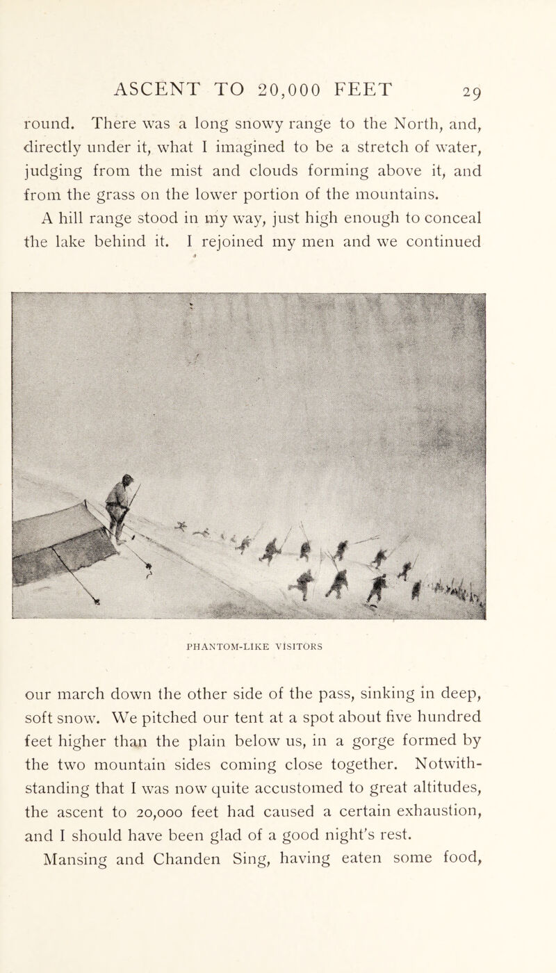 ASCENT TO 20,000 FEET round. There was a long snowy range to the North, and, directly under it, what I imagined to be a stretch of water, judging from the mist and clouds forming above it, and from the grass on the lower portion of the mountains. A hill range stood in my way, just high enough to conceal the lake behind it. I rejoined my men and we continued PHANTOM-LIKE VISITORS our march down the other side of the pass, sinking in deep, soft snow. We pitched our tent at a spot about five hundred feet higher than the plain below us, in a gorge formed by the two mountain sides coming close together. Notwith- standing that I was now quite accustomed to great altitudes, the ascent to 20,000 feet had caused a certain exhaustion, and I should have been glad of a good night’s rest. Mansing and Chanden Sing, having eaten some food,
