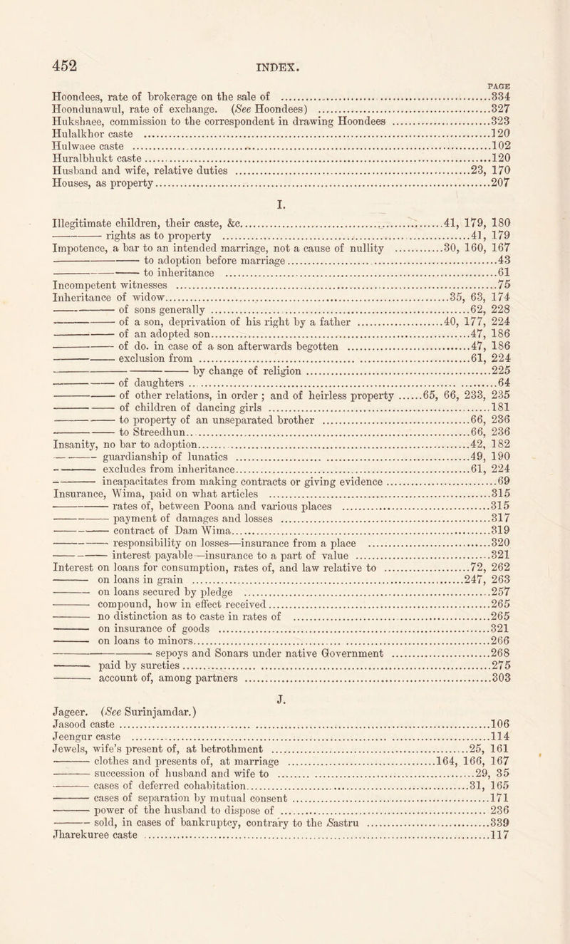 PAGE Hoondees, rate of brokerage on tbe sale of — 384 Hoondunawul, rate of exchange. (See Hoondees) ....327 Huksbaee, commission to the correspondent in drawing Hoondees ....323 Hulalkhor caste 120 Hulwaee caste 102 Huralbhukt caste 120 Husband and wife, relative duties 23, 170 Houses, as property 207 I. Illegitimate children, their caste, &c ......41, 179, 180 rights as to property 41, 179 Impotence, a bar to an intended marriage, not a cause of nullity 30, 160, 167 to adoption before marriage 43 to inheritance 61 Incompetent witnesses 75 Inheritance of widow 35, 63, 174 of sons generally 62, 228 of a son, deprivation of his right by a father ..40, 177, 224 of an adopted son 47, 186 • of do. in case of a son afterwards begotten 47, 186 exclusion from 61, 224 by change of religion 225 of daughters 64 of other relations, in order ; and of heirless property 65, 66, 233, 235 of children of dancing girls 181 to property of an unseparated brother 66, 236 to Streedhun... 66, 236 Insanity, no bar to adoption 42, 182 guardianship of lunatics 49, 190 — excludes from inheritance 61, 224 incapacitates from making contracts or giving evidence 69 Insurance, Wima, paid on what articles 315 ■ rates of, between Poona and various places 315 payment of damages and losses 317 contract of Dam Wima 319 responsibility on losses—insurance from a place 320 interest payable—insurance to a part of value 321 Interest on loans for consumption, rates of, and law relative to 72, 262 — on loans in grain 247, 263 on loans secured by pledge 257 compound, how in effect received 265 no distinction as to caste in rates of 265 — on insurance of goods 321 on loans to minors 266 sepoys and Sonars under native Government 268 — paid by sureties 275 account of, among partners 303 J. Jageer. (See Surinjamdar.) Jasood caste 106 Jeengur caste 114 Jewels, wife’s present of, at betrothment 25, 161 clothes and presents of, at marriage 164, 166, 167 succession of husband and wife to 29, 35 cases of deferred cohabitation 31, 165 cases of separation by mutual consent 171 power of the husband to dispose of 236 sold, in cases of bankruptcy, contrary to the /Sastru 339 .Tharekuree caste 117