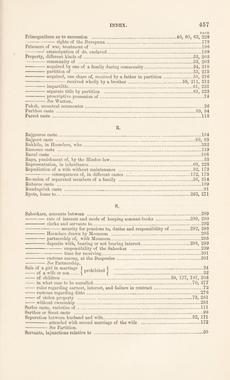 PAGE Primogeniture as to succession 40, 60, 63, 228 rights of the Burepuna 178 Prisoners of war, treatment of 196 ' emancipation of do. enslaved 199 Property, different kinds of 53, 203 community of 53, 203 acquired by one of a family during community 54, 210 partition of 55, 213 acquired, one share of, received by a father in partition 58, 216 received wholly by a brother 59, 211, 212 impartible 61, 223 separate title by partition 61, 223 prescriptive possession of 74 See Wuttun. Puksh, ancestral ceremonies 26 Purbhoo caste 89, 94 Pureet caste 118 R. Rajgooroo caste , 104 Rajpoot caste 89, 93 Rakhile, in Hoondees, who 332 Ramosee caste 119 Raoul caste 108 Rape, punishment of, by the Hindoo law 33 Representation, in inheritance 63, 228 Repudiation of a wife without maintenance 32, 172 consequences of, in different castes 172, 173 Re-union of separated members of a family 56, 214 Rubaree caste 109 Rundugoluk caste 91 Ryots, loans to 263, 271 Sahookars, accounts between 289 rate of interest and mode of keeping account-books 289, 290 clerks and servants to 292 security for pensions to, duties and responsibility of 292, 293 Hoondees drawn by Mooneem 295 ■ partnership of, with Mooneem 295 deposits with, bearing or not bearing interest 298, 299 responsibility of the Sahookar 299 time for receiving 301 customs among, at the Deepoulee 301 See Partnership. Sale of a girl in marriage ) , ., ., , ( 24 ot a wife or son \ r ( 32 of children 39, 177, 197, 203 in what case to be annulled 70, 277 rules regarding earnest, interest, and failure in contract 72 customs regarding ditto 276 of stolen property 73, 281 without ownership 281 Sarlee caste, varieties of.. Ill Sarthee or Soost caste 90 Separation between husband and wife 32, 171 — attended with second marriage of the wife 172 • See Partition. Servants, injunctions relative to 50