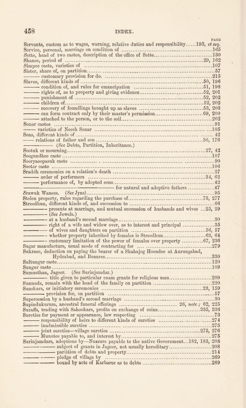 PAGE Servants, custom as to wages, warning, relative duties and responsibility 193, etseq. Service, personal, marriage on condition of 165 &ette, bead of two castes, description of tlie office of Sette... 130 Sbanee, period of 29, 162 £impee caste, varieties of 107 Sister, share of, on partition 57 customary provision for do. 215 Slaves, different kinds of 50, 196 condition of, and rules for emancipation 51, 198 • rights of, as to property and giving evidence 52, 201 ■ punishment of 52, 202 — children of... 52, 202 recovery of foundlings brought up as slaves 53, 203 — can form contract only by their master’s permission 69, 200 attached to the person, or to the soil 202 Sonar castes 91 varieties of Neech Sonar 105 Sons, different kinds of 42 relations of father and son 36, 176 (See Debts, Partition, Inheritance.) Sootuk or mourning 27, 42 Soogundhee caste 107 Sooryaoopasuk caste 90 Sootar caste 106 Sraddh ceremonies on a relation’s death 27 order of performers 34, 62 performance of, by adopted sons 42 for natural and adoptive fathers 47 $rawuk Wanees. (S'eeJyns) 95 Stolen property, rules regarding the purchase of 73, 277 Streedhun, different kinds of, and succession to 66 presents at marriage, and mutual succession of husbands and wives ...25, 29 (See Jewels.) at a husband’s second marriage 30 —-— right of a wife and widow over, as to interest and principal 35 —— of wives and daughters on partition 56, 57 whether property inherited by females is Streedhun 63, 64 customary limitation of the power of females over iDroperty 67, 236 Sugar manufacture, usual mode of contracting for 279 Sukraee, deduction on paying the bearer of a Shahajog Hoondee at Aurungabad, Hydrabad, and Benares 330 Sultungur caste 120 Sungur caste 109 Sumusthan, Jageer. (See Surinjamdar.) title given to particular enam grants for religious uses 209 Sunnuds, remain with the head of the family on partition 220 Sunskars, or initiatory ceremonies 23, 159 provision for, on partition 57 Supercession by a husband’s second marriage 30 Supindukurum, ancestral funeral offerings 26, note ; 62, 225 Suraffs, trading with Sahookars, profits on exchange of coins 335, 336 Sureties for payment or appearance, law respecting 73 responsibility of heirs to different kinds of sureties 274 inadmissible sureties 275 joint sureties—village sureties 275, 276 Munotee payable to, and interest by 275 Surinjamdars, adoptions by—Nuzzurs payable to the native Government... 182, 183, 208 — subject of grants in Jageer, not usually hereditary 208 • partition of debts and property 214 pledge of village by 269 — — bound by acts of Karbaree as to debts 269