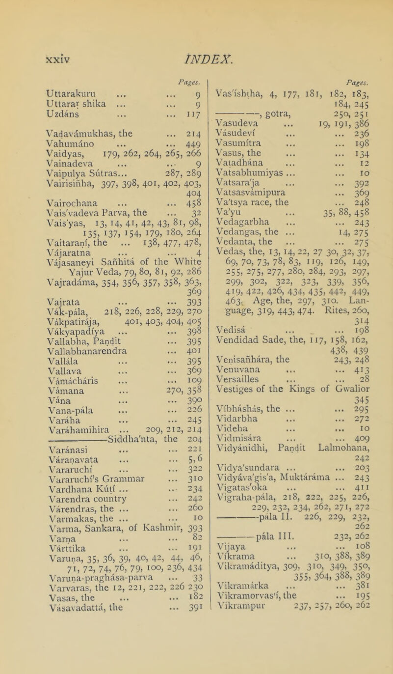 Uttarakuru Uttarar shika Uzditns Pages. 9 9 , 117 Vadavdmukhas, the ... 214 Vahumdno ... ... 449 Vaidyas, 179, 262, 264, 265, 266 Vainadeva ... ..- 9 Vaipulya Sutras... 287, 289 Vairisinha, 397, 398, 401, 402, 403, 404 Vairochana ... ... 458 Vais'vadeva Parva, the ... 32 Vais'yas, 13, 14, 41, 42, 43> 98, 135, >37, >54, >79, 180, 264 \'aitarani, the ... 138, 477, 478, Vdjaratna ... ... 4 Vajasaneyi Sahhita of the White Yajur Veda, 79, 80, 81, 92, 286 Vajraddma, 354, 35^, 357, 358, 363, 369 Vajrata ... ••• 393 Vak-pala, 218,226,228,229,270 Vakpatiraja, 401, 403, 404, 405 Vakyapadfya ... ... 398 Vallabha, Pandit ... 395 Vallabhanarendra ... 401 Vallala ... •••395 Vallava ... ••. 3^9 \'amacharis ... ..• 109 Vamana ... 270, 358 Vana ... ■•• 39° Vana-pala ... 226 Varaha ... ••• 245 Varahamihira ... 209, 212, 214 Siddha'nta, the 204 Varanasi ... ••• 221 Varanavata ... ... 5,*^ \’araruchi ... ... 322 Vararuchi’s Grammar V'ardhana Kuii ... Varendra country Varendras, the ... Varmakas, the ... ... 10 ^'arma, Sankara, of Kashmir, 393 \'arna ... ••• 82 Varttika ... ... >91 Varuna, 35, 3^, 39, 4®, 42, 44, 4^, 71, 72, 74, 76, 79, 100, 236, 434 Varuna-praghdsa-parva ... 33 Varvaras, the 12, 221, 222, 226 230 Vasas, the ... ••• >82 Vasavadatta, the ... 39' 310 234 242 260 Vas'i'shtha, 4, gotra. Pages. 177, 181, 182, 183, 184, 245 250, 251 19, 191, 386 ... 236 ... 198 ... 134 ... 12 10 ... 392 ... 369 ... 248 35, 88, 458 ... 243 >4, 275 275 Vasudeva Vasudevi Vasumftra Vasus, the Vatadhana Vatsabhumiyas Vatsara'ja Vatsasvdmipura Va'tsya race, the Va'yu Vedagarbha Vedangas, the .. Vedanta, the Vedas, the, 13, 14, 22, 27 30, 32, 37, 69,70,73,78,83, 119, 126, 149, 255, 275, 277, 280, 284, 293, 297, 299, 302, 322, 323, 339, 356, 419, 422, 426, 434, 435, 442, 449, 463. Age, the, 297, 310. Lan- guage, 319, 443, 474- Rites, 260, 3>4 Vedisa ... _ ... 198 Vendidad Sade, the, 117, 158, 162, 438, 439 Venisahhara, the 243, 248 Venuvana ... ... 413 Versailles ... ... 28 Vestiges of the Kings of Gwalior 345 ... 295 Vidarbha ... ... 272 Videha ... ... 10 Vidmisara ... ... 409 Vidyanidhi, Pandit Lalmohana, 242 Vidya’sundara ... ... 203 Vidydva'gis'a, Muktarama ... 243 Vigatas'oka ... ... 411 Vigraha-pala, 218, 222, 225, 226, 229, 232, 234, 262, 271, 272 pala II. 226, 229, 232, 262 pala 111. 232,262 Vijaya ... ... 108 Vikrama ... 310,388,389 Vikramaditya, 309, 310, 349, 350, 355, 364, 388, 389 Vikramarka ... ... 381 Vikramorvas'i, the ... 195 \'ikrampur 237, 257, 260, 262 Vi'bhashas, the