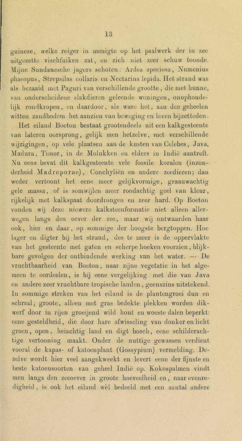 guineae, welke reiger iii menigte op het paalwerk der in zee ultgezettc visehfuiken zat, on zich niet zeer schuw toonde. \tijne Sundauesche jagers schoten: Arden speciosa, Nutnenius phaoopus, Strepsilas collaris en Nectarina lepida. Het strand was als bezaaid met Paguri van verschillende grootte, die met hunne, van onderscheidene slakdieren geleende w'oningen, onophoude- lijk rondkropen, en daardoor, als ware het, aan den geheelen witten zandbodem het aanzien van beweging en leven bijzetteden. liet eiland Boeton bestaat grootendeels uit een kalkgesteente van lateren oorsprong, gelijk men hetzelve, met verschillende wijzigingen, op vele plaatsen aan de kusten van Celebes, dava, Madura, Timor, in de Molukken en elders in Indië aantreft. Nu eens bevat dit kalkgesteente vele fossile koralen (inzon- derheid Madreporae), Conchyliën en andere zeedieren; dan weder vertoont het eene meer gelijkvormige, graauwachtig gele massa, of' is somwijlen meer roodachtig geel van kleur, rijkelijk met kalkspaat doordrongen en zeer hard. Op Boeton vonden wij deze niewere kalksteenf'ormatie niet alleen aller- wegen langs den oever der zee, maar wij ontwaarden haar ook, hier en daar, op sommige der hoogste bergtoppen, lloe lager en digter bij het strand, des te meer is de oppervlakte van het gesteente met gaten en scherpe hoeken voorzien, blijk- bare gevolgen der ontbindende werking van het water. — De vruchtbaarheid van Boeton, naar zijne vegetatie in het alge- meen te oordeelen, is bij eene vergelijking met die van Java en andere zeer vruchtbare tropische landen , geenszins uitstekend. In sommige streken van het eiland is de plantengroei dun en schraal; groote, alleen met gras bedekte plekken worden dik- werf door in rijen groeijend wild hout en woeste dalen beperkt; eene gesteldheid, die door hare afwisseling van donker en licht groen, open, heiachtig land en digt bosch, eene schilderach- tige vertooning maakt. Onder de nuttige gewassen verdient vooral de kapas- of katoenplaiit (Gossypium) vermelding. De- zelve wordt hier veel aangekweekt en levert eene der fijnste en beste katoensoorten van geheel Indië op. Kokospalmen vindt men langs den zeeoever in groote hoeveelheid en, naar evenre- digheid , is ook het eiland wèl bedeeld met een aantal andere