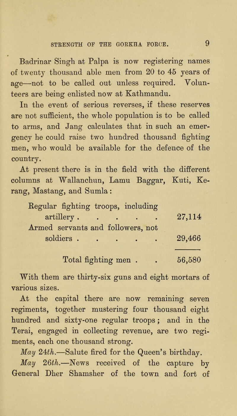 Badrinar Singli at Palpa is now registering names of twenty thousand able men from 20 to 46 years of age—not to be called out unless required. Volun- teers are being enlisted now at Kathmandu. In the event of serious reverses, if these reserves are not sufficient, the whole population is to be called to arms, and Jang calculates that in such an emer- gency he could raise two hundred thousand fighting men, who would be available for the defence of the country. At present there is in the field with the different columns at Wallanchun, Lamu Baggar, Kuti, Ke- rang, Mastang, and Sumla: Regular fighting troops, including artillery ..... 27,114 Armed servants and followers, not soldiers ..... 29,466 Total fighting men . . 56,580 With them are thirty-six guns and eight mortars of various sizes. At the capital there are now remaining seven regiments, together mustering four thousand eight hundred and sixty-one regular troops; and in the Terai, engaged in collecting revenue, are two regi- ments, each one thousand strong. May 24th.—Salute fired for the Queen’s birthday. May 26th.—News received of the capture by General Dher Shamsher of the town and fort of