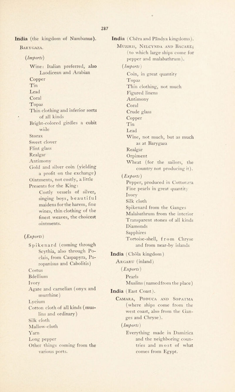 India (the kingdom of Nambanus). Barygaza. {Imports) Wine: Italian preferred, also Laodicean and Arabian Copper Tin Lead Coral Topaz Thin clothing and inferior sorts of all kinds Bright-colored girdles a cubit wide Storax Sweet clover Flint glass Realgar Antimony Gold and silver coin (yielding a profit on the exchange) Ointments, not costly, a little Presents for the King: Costly vessels of silver, singing boys, beautiful maidens for the harem, fine wines, thin clothing of the finest weaves, the choicest ointments. {Exports) Spikenard (coming through Scythia, also through Po- clais, from Caspapyra, Pa- ropanisus and Cabolitis) Costus Bdellium Ivory Agate and carnelian (onyx and murrhine) Lycium Cotton cloth of all kinds (mus- lins and ordinary) Silk cloth Mallow-cloth Y am Long pepper Other things coming from the various ports. India (Chera and Pandya kingdoms). Muziris, Nelcynda and Bacare$ (to which large ships come for pepper and malabathrum). (Imports) Coin, in great quantity Topaz Thin clothing, not much Figured linens Antimony Coral Crude glass Copper Tin Lead Wine, not much, but as much as at Barygaza Realgar Orpiment Wheat (for the sailors, the country not producing it). {Exports) Pepper, produced in Cottonara Fine pearls in great quantity Ivory Silk cloth Spikenard from the Ganges Malabathrum from the interior Transparent stones of all kinds Diamonds Sapphires Tortoise-shell, from Chryse and from near-by islands India (Chola kingdom) Argaru (inland) {Exports) Pearls Muslins (namedfrom the place) India (East Coast). Camara, Poduca and Sopatma (where ships come from the west coast, also from the Gan- ges and Chryse). {Imports) Everything made in Damirica and the neighboring coun- tries and most of what comes from Egypt.