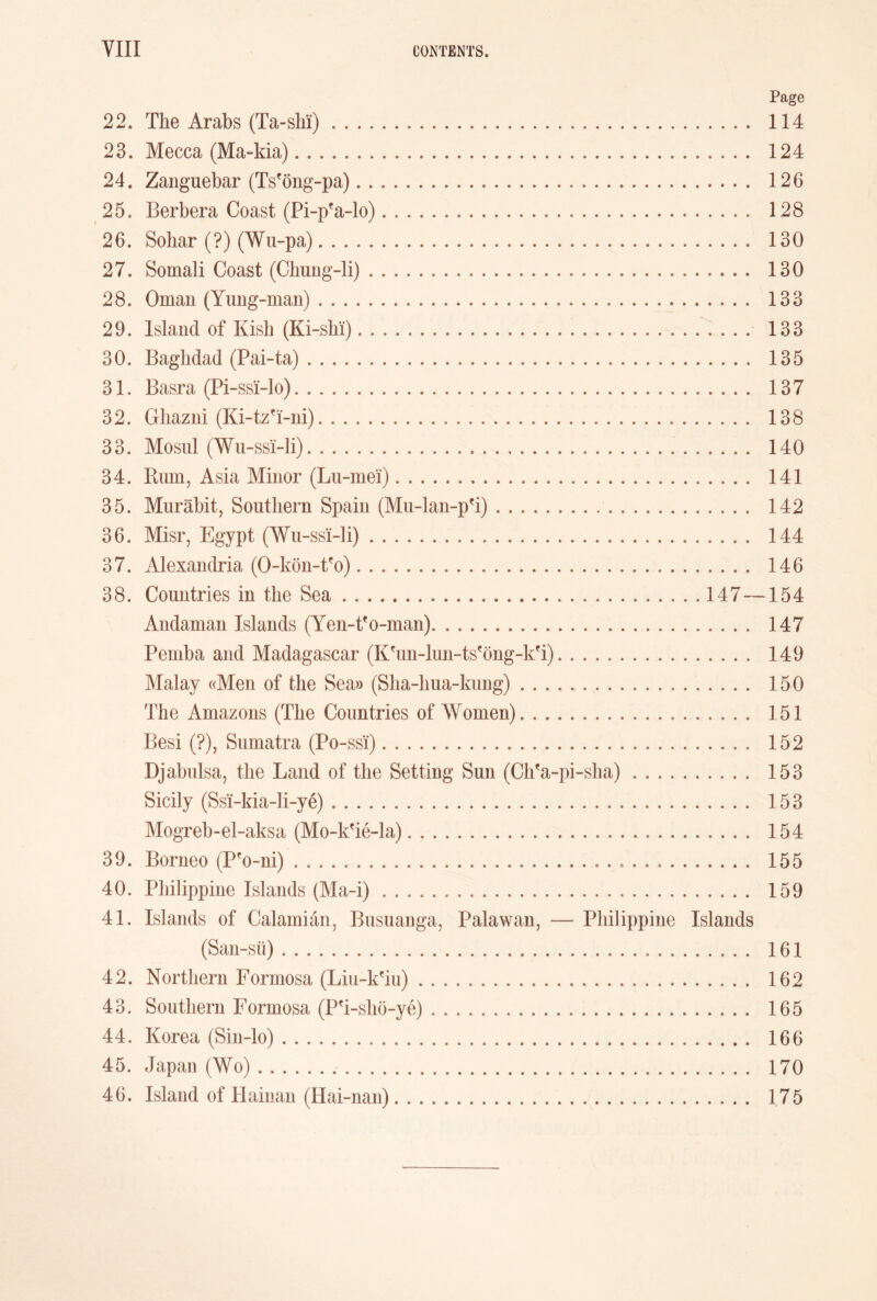 Page 22. The Arabs (Ta-shi) 114 23. Mecca (Ma-kia) 124 24. Zanguebar (Tsfong-pa) 126 25. Berbera Coast (Pi-pVlo) 128 26. Sohar (?) (Wu-pa) 130 27. Somali Coast (Chung-li) 130 28. Oman (Yung-man) 13B 29. Island of Kish (Ki-slii) 133 30. Baghdad (Pai-ta) 135 31. Basra (Pi-ssi-lo) 137 32. Ghazni (Ki-tzfi-ni) 138 33. Mosul (Wu-ss'i-li) 140 34. Rum,Asia Minor (Lu-mei) 141 35. Murabit, Southern Spain (Mu-lan-pfi) 142 36. Misr, Egypt (Wu-ss'i-li) 144 37. Alexandria (0-kon-tfo) 146 38. Countries in the Sea 147—154 Andaman Islands (Yen-tfo-man) 147 Pemba and Madagascar (Kfun-lmi-tsc6ng-kfi) 149 Malay «Men of the Sea» (Slia-lma-liung) 150 The Amazous (The Countries of Women) 151 Besi (?), Sumatra (Po-ssi) 152 Djabulsa, the Land of the Setting Sun (Chfa-pi-sba) 153 Sicily (Ss'i-kia-li-ye) 153 Mogreb-el-aksa (Mo-kfie-la) 154 39. Borneo (Pfo-ni) 155 40. Philippine Islands (Ma-i) 159 41. Islands of Calainian, Busuanga, Palawan, — Philippine Islands (San-sii) 161 42. Northern Formosa (Liu-kfiu) 162 43. Southern Formosa (P?i-sh6-ye) 165 44. Korea (Sin-lo) 166 45. Japan (Wo) 170 46. Island of Hainan (Hai-nan) 175