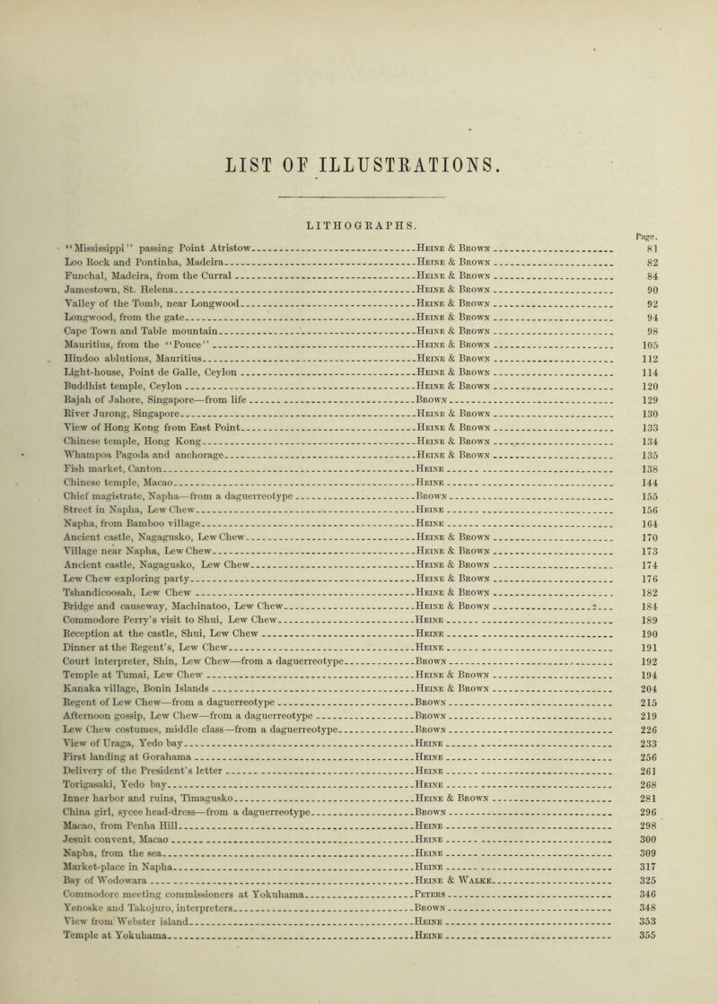 LIST OF ILLUSTRATIONS LITHOGRAPHS. “Mississippi” passing Point Atristow - Heine & Brown Loo Rock and Pontinha, Madeira Heine & Brown Funchal, Madeira, from the Curral - Heine & Brown Jamestown, St. Helena .. Heine & Brown Valley of the Tomb, near Longwood - Heine & Brown Longwood, from the gate Heine & Brown Cape Town and Table mountain - Heine & Brown Mauritius, from the “Ponce” . - Heine & Brown Hindoo ablutions, Mauritius - Heine & Brown Light-house, Point de Galle, Ceylon . Heine & Brown Buddhist temple, Ceylon Heine & Brown Rajah of Jaliore, Singapore—from life - - Brown River Jurong, Singapore Heine & Brown View of Hong Kong from East Point Heine & Brown Chinese temple, Hong Kong Heine & Brown Whampoa Pagoda and anchorage Heine & Brown Fish market, Canton - - Heine Chinese temple, Macao .Heine Chief magistrate, Napha—from a daguerreotype Brown Street in Napha, Lew Chew Heine Napha, from Bamboo village Heine Ancient castle, Nagagusko, Lew Chew . Heine & Brown Village near Napha, Lew Chew . Heine & Brown Ancient castle, Nagagusko, Lew Chew -.Heine & Brown Lew Chew exploring party Heine & Brown Tshandicoosah, Lew Chew - ..Heine & Brown Bridge and causeway, Machinatoo, Lew Chew Heine & Brown Commodore Perry’s visit to Shui, Lew Chew Heine Reception at the castle, Shui, Lew Chew Heine Dinner at the Regent’s, Lew Chew Heine Court interpreter, Shin, Lew Chew—from a daguerreotype Brown Temple at Tumai, Lew Chew .Heine & Brown Kanaka village, Bonin Islands Heine & Brown Regent of Lew Chew—from a daguerreotype Brown Afternoon gossip, Lew Chew—from a daguerreotype Brown Lew Chew costumes, middle class—from a daguerreotype Brown View of Uraga, Yedo bay Heine First landing at Gorahama Heine Delivery of the President’s letter Heine Torigasaki, Yedo bay Heine.. Inner harbor and ruins, Timagusko Heine & Brown China girl, sycee head-dress—from a daguerreotype Brown Macao, from Penha Hill Heine Jesuit convent, Macao Heine Kapha, from the sea Heine Market-place in Kapha Heine Bay of Wodowara Heine & Walke Commodore meeting commissioners at Yokuliama. Peters Yenoske and Takojuro, interpreters Brown View from Webster island .Heine Temple at Yokuhama Heine Page. 81 82 84 90 92 94 98 105 112 114 120 129 130 133 134 135 138 144 155 156 164 170 173 174 176 182 184 189 190 191 192 194 204 215 219 226 233 256 261 268 281 296 298 300 309 317 325 346 348 353 355