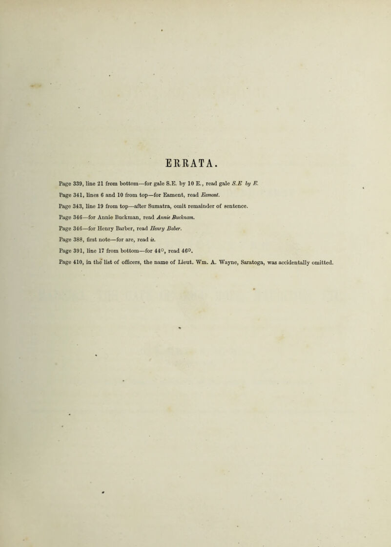 ERRATA Page 339, line 21 from bottom—for gale S.E. by 10 E., read gale S.E by E. Page 341, lines 6 and 10 from top—for Eament, read Eanurnt. Page 343, line 19 from top—after Sumatra, omit remainder of sentence. Page 346—for Annie Buckman, read Annie Bueknam. Page 346—for Henry Barber, read Henry Baber. Page 388, first note—for are, read is. Page 391, line 17 from bottom—for 44°, read 46°. Page 410, in the’ list of officers, the name of Lieut. Wm. A. Wayne, Saratoga, was accidentally omitted.