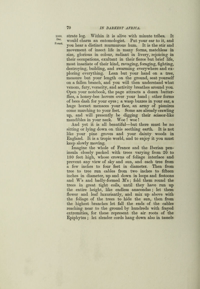 1888. Dec. Forest. strate log. Within it is alive with minute tribes. It would charm an entomologist. Put your ear to it, and you hear a distinct murmurous hum. It is the stir and movement of insect life in many forms, matchless in size, glorious in colour, radiant in livery, rejoicing in their occupations, exultant in their fierce but brief life, most insatiate of their kind, ravaging, foraging, fighting, destroying, building, and swarming everywhere and ex- ploring everything. Lean but your hand on a tree, measure but your length on the ground, seat yourself on a fallen branch, and you will then understand what venom, fury, voracity, and activity breathes around you. Open your notebook, the page attracts a dozen butter- flies, a honey-bee hovers over your hand ; other forms of bees dash for your eyes ; a wasp buzzes in your ear, a huge hornet menaces your face, an army of pismires come marching to your feet. Some are already crawling up, and will presently be digging their scissor-like mandibles in your neck. Woe ! woe ! And yet it is all beautiful—but there must be no sitting or lying down on this seething earth. It is not like your pine groves and your dainty woods in England. It is a tropic world, and to enjoy it you must keep slowly moving. Imagine the whole of France and the Iberian pen- insula closely packed with trees varying from 20 to 180 feet high, whose crowns of foliage interlace and prevent any view of sky and sun, and each tree from a few inches to four feet in diameter. Then from tree to tree run cables from two inches to fifteen inches in diameter, up and down in loops and festoons and W’s and badly-formed M’s ; fold them round the trees in great tight coils, until they have run up the entire height, like endless anacondas; let them flower and leaf luxuriantly, and mix up above with the foliage of the trees to hide the sun, then from the highest branches let fall the ends of the cables reaching near to the ground by hundreds with frayed extremities, for these represent the air roots of the Epiphytes ; let slender cords hang down also in tassels