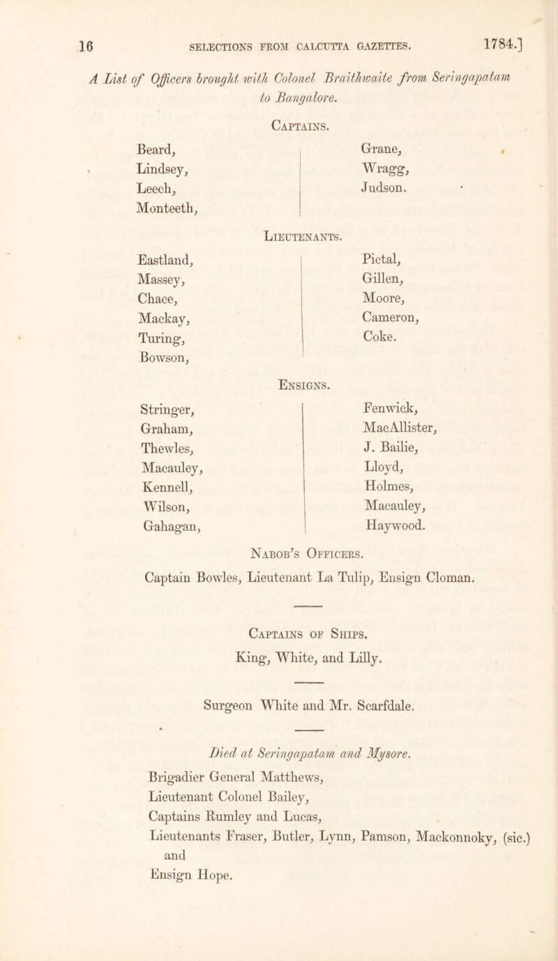 A List of Officers brought with Colonel Braithwaite from Seeing apadam to Bangalore. Captains. Beard, Grane, Lindsey, Wragg, Leech, Judson. Monteeth, Lieutenants. Eastland, Pictal, Massey, Gillen, Chace, Moore, Mackay, Cameron, Turing, Coke. Bowson, Ensigns. Stringer, Eenwick, Graham, MacAllister Thewles, J. Bailie, Macauley, Lloyd, Kennell, Holmes, Wilson, Macauley, Gahagan, 1 Haywood. Nabob's Officers. Captain Bowles, Lieutenant La Tulip, Ensign Cloman, Captains of Ships. King, White, and Lilly. Surgeon White and Mr. Scarfdale, Died at Seringapatam and Mysore. Brigadier General Matthews, Lieutenant Colonel Bailey, Captains Burnley and Lucas, Lieutenants Eraser, Butler, Lynn, Pamson, Mackonnoky, (sic.) and Ensign Hope.