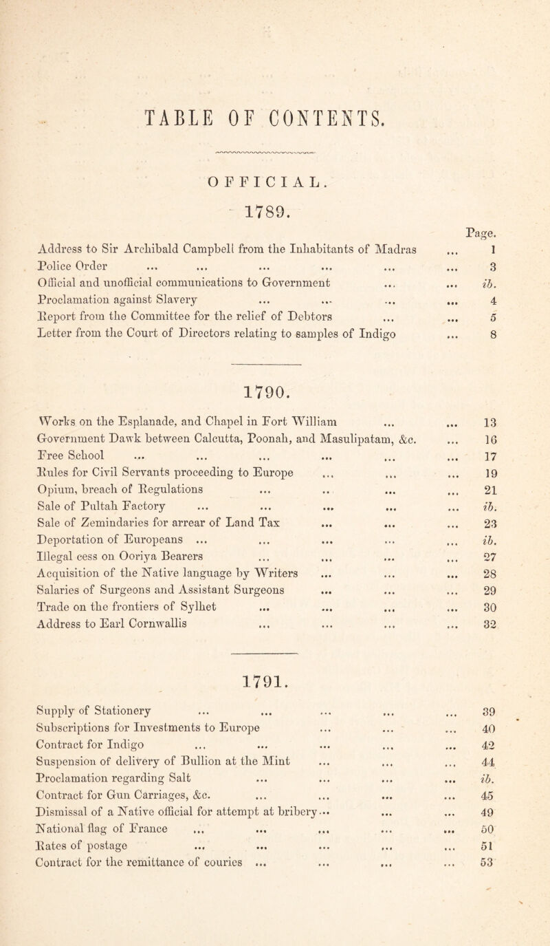TABLE OF CONTENTS. OFFICIAL. 1789. Address to Sir Archibald Campbell from the Inhabitants of Madras Police Order Official and unofficial communications to Governmeut Proclamation against Slavery Peport from the Committee for the relief of Debtors Letter from the Court of Directors relating to samples of Indigo Page. 1 3 ib. 4 5 8 1790. Works on the Esplanade, and Chapel in Fort William 13 Government Dawk between Calcutta, Poonah, and Masulipatam, &c. 16 Free School •• • 17 Buies for Civil Servants proceeding to Europe « « « • •« 19 Opium, breach of Begulations • • ' • • s 21 Sale of Pultah Factory • • » t • f ih. Sale of Zemindaries for arrear of Land Tax • • • « « • 23 Deportation of Europeans ... • • • • • • ih. Illegal cess on Ooriya Bearers • t « • • « 27 Acquisition of the Native language by Writers « • « • • • 28 Salaries of Surgeons and Assistant Surgeons • • • 29 Trade on the frontiers of Sylhet • e• at! 30 Address to Earl Cornwallis • • • • • f 32 1791. Supply of Stationery Subscriptions for Investments to Europe Contract for Indigo Suspension of delivery of Bullion at the Mint Proclamation regarding Salt Contract for Gun Carriages, &c. Dismissal of a Native official for attempt at bribery... National flag of France Bates of postage Contract for the remittance of couries ... 89 40 42 44 ih. 45 49 50 51 53
