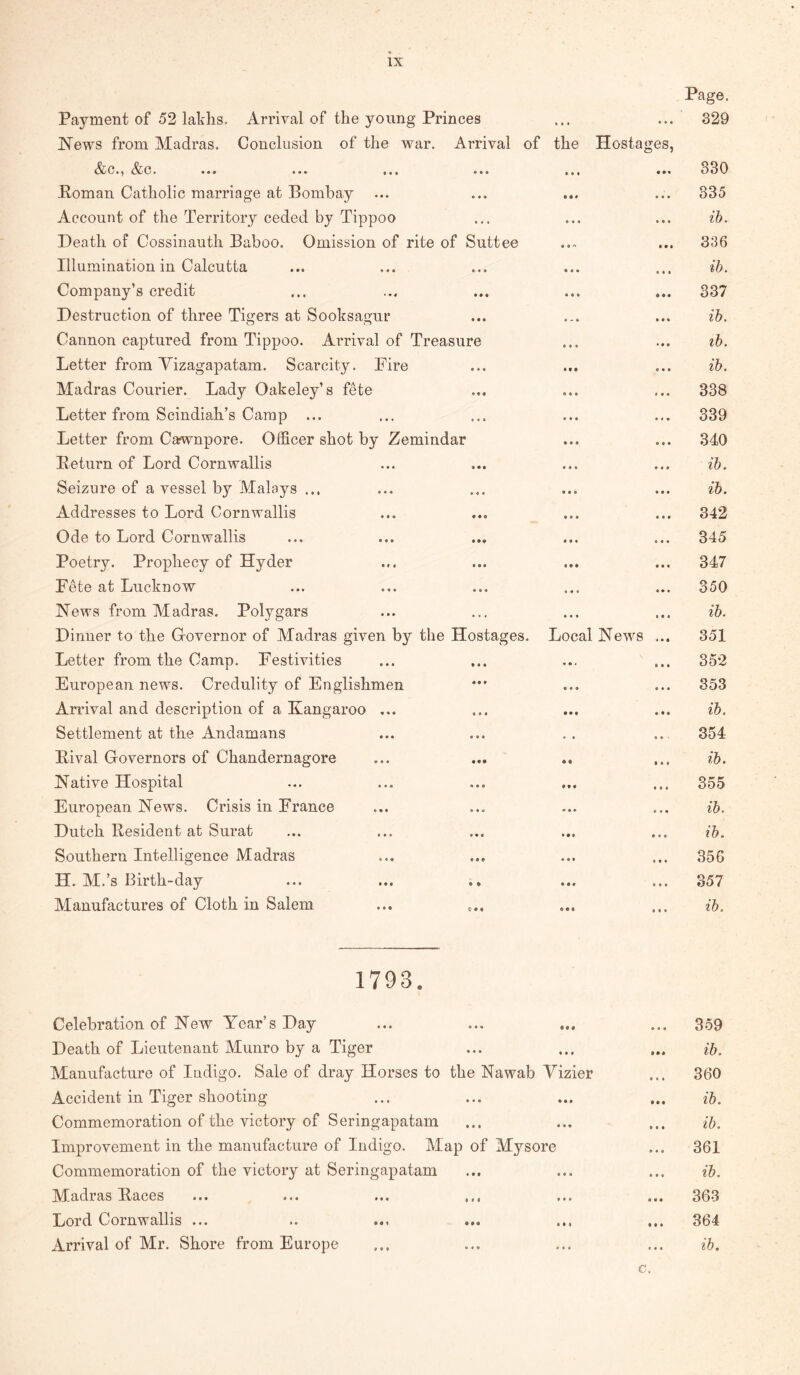 Payment of 52 lakhs. Arrival of the young Princes • f « Page. 329 News from Madras. Conclusion of the war. Arrival of (&C.) ^^c. ••• ... ... ... the * • • Hostages, • • • 330 Poman Catholic marriage at Bombay • • * • • • 335 Account of the Territory ceded by Tippoo » • • * • • ib. Death of Cossinauth Baboo. Omission of rite of Suttee • • /k • • • 336 Illumination in Calcutta • • • • t 1 ib. Company’s credit • « • * • • 337 Destruction of three Tigers at Sooksagur • • • • • * ib. Cannon captured from Tippoo. Arrival of Treasure • « * • • • tb. Letter from Vizagapatam. Scarcity. Eire * t • • • • ib. Madras Courier. Lady Oakeley’s fete • • • f • • 338 Letter from Scindiah’s Camp ... • * • • 4 • 339 Letter from Cawnpore. Officer shot by Zemindar • • • • « • 340 Eeturn of Lord Cornwallis • • • ib. Seizure of a vessel by Malays ... • * • • • • ib. Addresses to Lord Cornwallis • • • • • • 342 Ode to Lord Cornwallis • • • « « • 345 Poetry. Prophecy of Hyder • • • • • t 347 Fete at Lucknow • • • « • « 350 News from Madras. Polygars • * • • • • ib. Dinner to the Grovernor of Madras given by the Hostages. Local News ... 351 Letter from the Camp. Festivities » • • 352 European news. Credulity of Englishmen • « • • • « 353 Arrival and description of a Kangaroo ... • • t • • • ib. Settlement at the Andamans • • • • • 354 Eival G-overnors of Chandernagore • « • • • ib. Native Hospital • * • • 44 355 European News. Crisis in France * • • • • * ib. Dutch Eesident at Surat ib. Southern Intelligence Madras • « * 356 H. M.’s Birth-day • • « • • • 357 Manufactures of Cloth in Salem 0 • • • • • ib. 1793. Celebration of New Year’s Day 359 Death of Lieutenant Munro by a Tiger ... ib. Manufacture of Indigo. Sale of dray Horses to the Nawab Vizier ... 360 Accident in Tiger shooting ... ib. Commemoration of the victory of Seringapatam ... ib. Improvement in the manufacture of Indigo. Map of Mysore ... 361 Commemoration of the victory at Seringapatam ... ib. Madras Eaces 363 Lord Cornwallis ... ... 364 Arrival of Mr. Shore from Europe ... ib. c.