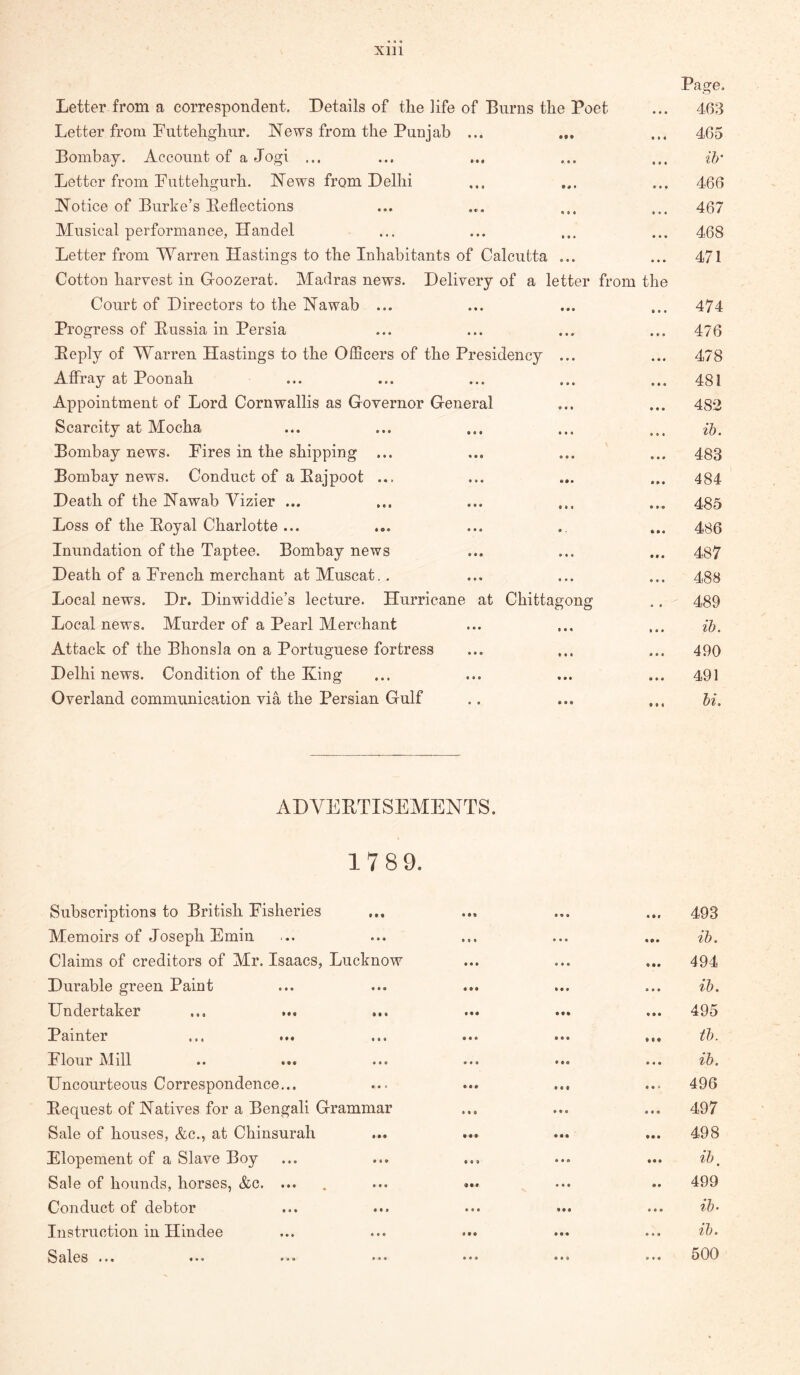 Letter from a correspondent. Details of the life of Burns the Poet Letter from Puttehghur. News from the Punjab ... Bombay. Account of a Jogi ... Letter from Puttehgurh. News from Delhi Notice of Burke’s Beflections Musical performance, Handel Letter from Warren Hastings to the Inhabitants of Calcutta ... Cotton harvest in Goozerat. Madras news. Delivery of a letter from Court of Directors to the Nawab ... Progress of Bussia in Persia Eeply of Warren Hastings to the Officers of the Presidency ... Affray at Poonah Appointment of Lord Cornwallis as Governor General Scarcity at Mocha Bombay news. Pires in the shipping ... Bombay news. Conduct of a Eajpoot ... Death of the Nawab Vizier ... Loss of the Eoyal Charlotte ... Inundation of the Taptee. Bombay news Death of a French merchant at Muscat.. Local news. Dr. Dinwiddle’s lecture. Hurricane at Chittagong Local news. Murder of a Pearl Merchant Attack of the Bhonsla on a Portuguese fortress Delhi news. Condition of the King Overland communication via the Persian Gulf the Page. 463 465 Ur 466 467 468 471 474 476 478 481 482 ih. 483 484 485 486 487 488 489 ih. 490 491 hi. ADVEETISEMENTS. 17 89. Subscriptions to British Fisheries Memoirs of Joseph Emin Claims of creditors of Mr. Isaacs, Lucknow Durable green Paint Undertaker Painter F'lour iVlill .. ••• ... Uncourteous Correspondence,.. Bequest of Natives for a Bengali Grammar Sale of houses, &c., at Chinsurah Elopement of a Slave Boy Sale of hounds, horses, &c. ... Conduct of debtor Instruction in Hindee Sales ... ... ... ••• 493 ih. 494 ih. 495 th. ih. 496 497 498 ih, 499 ih. ih. 500