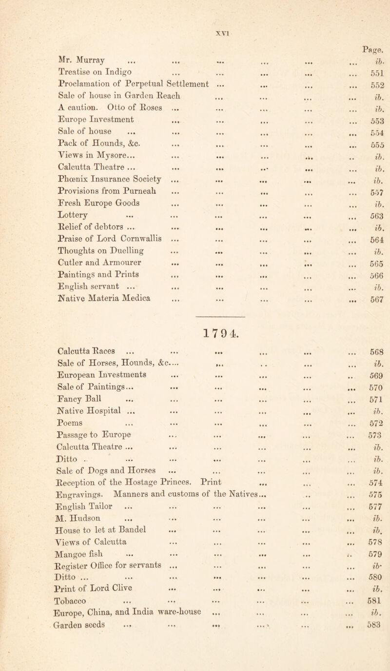 Mr. Murray Treatise on Indigo Proclamation of Perpetual Settlement ... Sale of house in Garden Peach A caution. Otto of Poses ... Europe Investment Sale of house Pack of Hounds, &c. Views in Mysore... Calcutta Theatre ... Phoenix Insurance Society ... Provisions from Purneah Fresh Europe Goods Lottery Pelief of debtors ... Praise of Lord Cornwallis ... Thoughts on Duelling Cutler and Armourer Paintings and Prints English servant ... IS^ative Materia Medica Page. .. ih. .. 651 .. 552 .. ih. .. ih. .. 553 .. 554 655 . ih. .. ih. ih. .. 557 .. ih. .. 563 .. ih. .. 564 .. ih. .. 565 .. 566 .. ih. .. 567 17 94. Calcutta Paces Sale of Horses, Hounds, &c.... ,.. European Investments Sale of Paintings... Fancy Pall Native Hospital ... Poems Passage to Europe Calcutta Theatre ... Ilitto -• ... ... ... ... Sale of Dogs and Horses Peception of the Hostage Princes. Print Engravings. Manners and customs of the Natives... [English Tailor ... ... ... ... M. Hudson House to let at Bandel Views of Calcutta Mangoe fish Pegister Office for servants ... Ditto ... ... ... Print of Lord Clive ... Tobacco Europe, China, and India ware-house Garden seeds ... ... t • • • • < • • • • • • • • • •V • • • • • • • • « • « • • • • » • • • • • • t • • * • . • • • «t • • • • • • • « • • * • • • • 568 ih. 569 670 571 ih. 572 573 ih. ih. ih. 574 575 577 ih. ih. 578 579 ih' 580 ih. 581 ih. 583 • « •