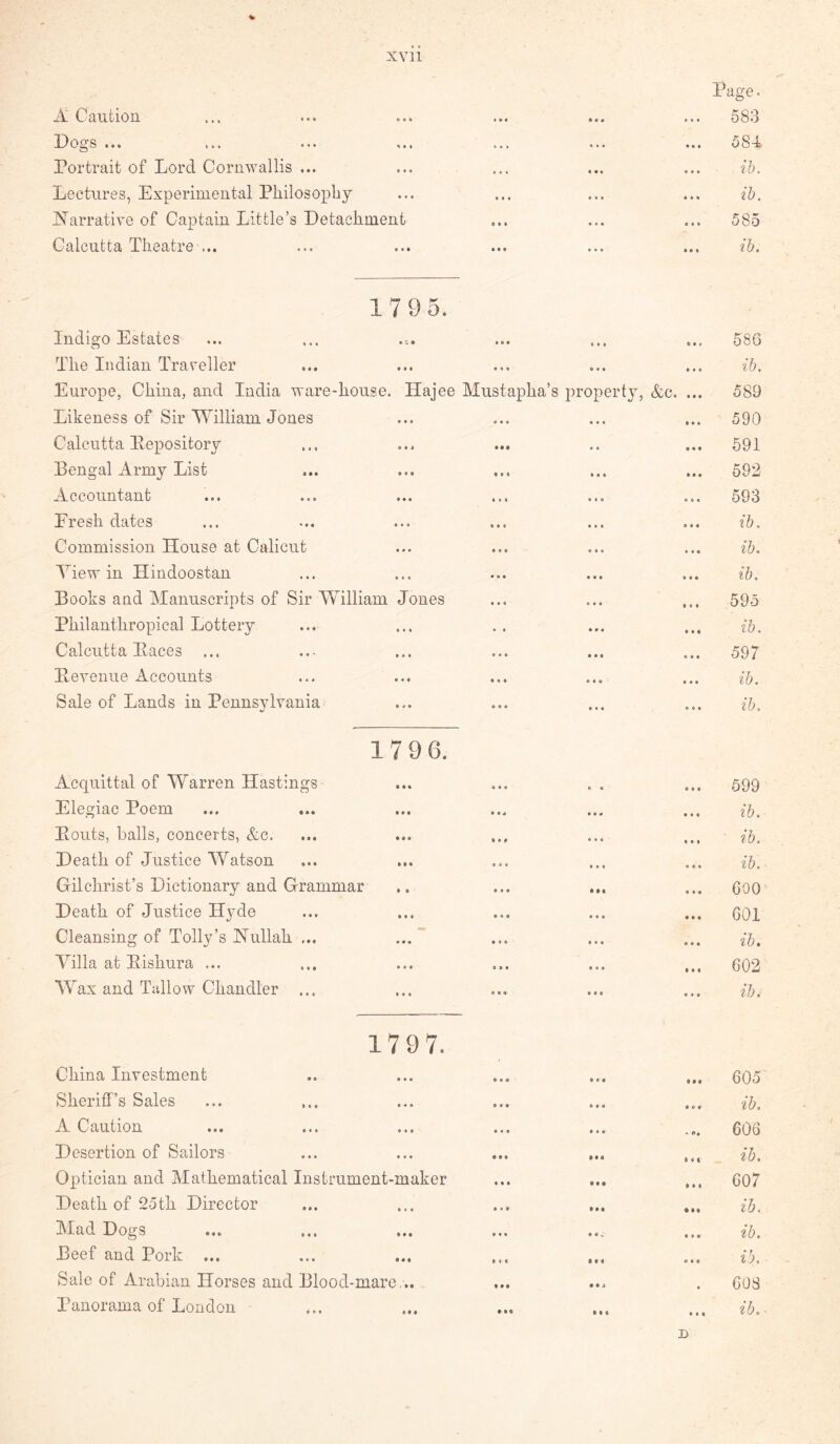 Page. A Caution ... »• * • • 9 4 4 4 o83 Dogs ... ... ... ... • 0 . 9 4 4 9 9 9 584 Portrait of Lord Cornwallis ... 9 9 9 9 4 4 ib. Lectures, Experimental Philosophy • • « 9 4 4 9 9 * ih. Narrative of Captain Little’s Detachment « • • 9 4 9 9 9 9 5 8d Calcutta Theatre ... « • • 9 4 9 9 9 9 ib. 17 95. Indigo Estates • » • 9 9 9 9 9 * 586 The Indian Traveller • « « 0 4 9 9 9 9 ib. Europe, China, and India ware-house. Hajee Mustapha’s property, &c. ... 589 Likeness of Sir William Jones • « • • 9 * 9 9 9 590 Calcutta Depository • •t 9 4 0 9 9 691 Bengal Army List • 11 9 9 9 9 9 9 592 Accountant » « « 9 9 9 9 9 9 593 Fresh dates • • 4 9 9 9 9 4 9 ib. Commission House at Calicut • « 9 9 9 4 4 9 9 ib. View in Hindoostan 9 9 * 9 9 9 9 9 9 ib. Books and Manuscripts of Sir William Jones 9 4 9 0 4 9 , , , ,595 Philanthropical Lottery • 9 9 9 9 9 9 4 ib. Calcutta Daces 9 4 9 9 9 9 9 9 9 597 Devenue Accounts • 99 • 9 9 9 9 9 ib. Sale of Lands in Pennsylvania *99 9 4 9 9 9 9 ib. 1796. Acquittal of Warren Hastings 9 9 9 0 9 0 9 9 599 Elegiac Poem 9 9 1# 9 9 9 9 9 9 ib. Douts, balls, concerts, &c. • • • 9 9 9 ■ ib. Death of Justice Watson 9 4 4 9 4 9 9 9 9 ib. Gilchrist’s Dictionary and Grammar • 9 9 • • • 9 9 9 600 Death of Justice Hyde • 9 9 9 9 9 601 Cleansing of Tolly’s Nullah ... ... 9 9 0 9 9 4 0 4 9 ib. Villa at Dishura ... 0 9 9 * * • » 9 9 602 Wax and Tallow Chandler ... 9 9 « 9 0 9 • * « ib. 1797. China Investment • 9 A 999 999 605 Sheriff’s Sales 9 9 9 9 « 9 ib. A Caution • * 9 .09 606 Desertion of Sailors ••• lal ih. Optician and Mathematical Instrument-maker 9 9 9 ••• ... 607 Death of 25th Director ••t ih. Mad Dogs 9 4 9 • • - 9 9 9 ib. Beef and Pork ... 9*9 • 91 « 9 9 ib. Sale of Arabian Horses and Blood-mare... 9 60S Panorama of London • 9 « • • « 9 4 9 ih. D
