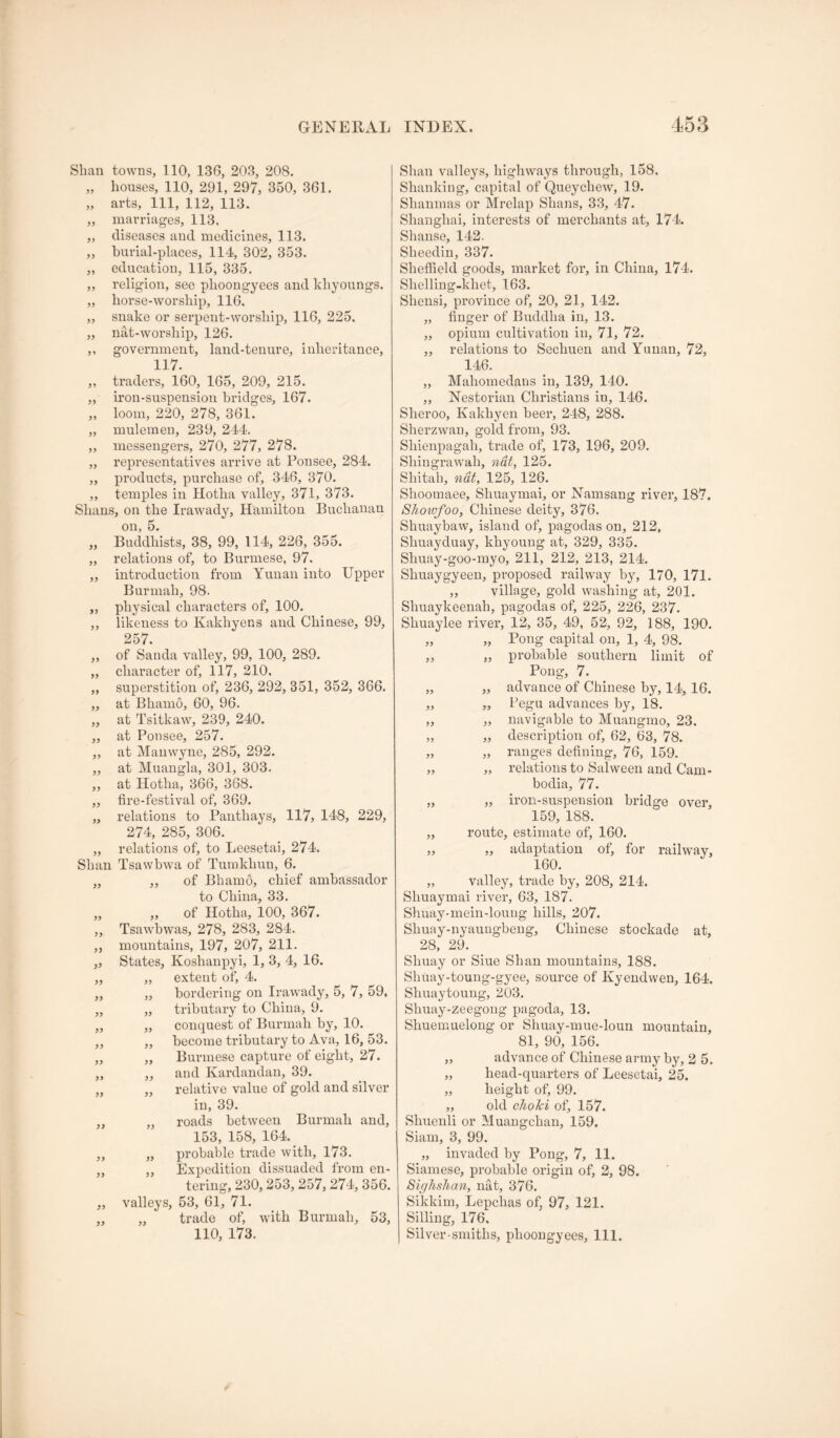 99 99 99 99 99 99 99 Shan towns, 110, 136, 203, 208. „ houses, 110, 291, 297, 350, 361. „ arts. 111, 112, 113. „ marriages, 113. diseases and medicines, 113. burial-places, 114, 302, 353. education, 115, 335. religion, see plioongyees and khyoungs. horse-worship, 116, snake or serpent-worship, 116, 225. nat-worship, 126. ,, government, land-tenure, inheritance, 117. „ traders, 160, 165, 209, 215. „ iron-suspension bridges, 167. „ loom, 220, 278, 361. „ mulemen, 239, 244. „ messengers, 270, 277, 278. „ representatives arrive at Ponsee, 284. „ products, purchase of, 346, 370. ,, temples in Hotha valley, 371, 373. Shans, on the Irawady, Hamilton Buchanan on, 5. Buddhists, 38, 99, 114, 226, 355. relations of, to Burmese, 97. introduction from Yunan into Upper Burmah, 98. physical characters of, 100. likeness to Kakhyens and Chinese, 99, 257. of Sanda valley, 99, 100, 289. character of, 117, 210. superstition of, 236, 292, 351, 352, 366. at Bhamo, 60, 96. at Tsitkaw, 239, 240. at Ponsee, 257. at Mauwyne, 285, 292. ,, at Muangla, 301, 303. ,, at Hotha, 866, 368. ,, fire-festival of, 369. „ relations to Panthays, 117, 148, 229, 274, 285, 306. „ relations of, to Leesetai, 274. Shan Tsawbwa of Tuinkhun, 6. „ ,, of Bhamo, chief ambassador to China, 33. „ of Hotha, 100, 367. Tsawbwas, 278, 283, 284. mountains, 197, 207, 211. States, Koshanpyi, 1, 3, 4, 16. „ extent of, 4. bordering on Irawady, 5, 7, 59, tributary to China, 9. „ conquest of Burmah by, 10. ,, become tributary to Ava, 16, 53. „ Burmese capture of eight, 27. ,, and Kardandan, 39. „ relative value of gold and silver in, 39, „ roads between Burmah and, 153, 158, 164. „ probable trade with, 173. ,, Expedition dissuaded from en- tering, 230,253, 257, 274, 356. valleys, 53, 61, 71. „ trade of, with Burmah, 53, 110, 173. 99 99 99 99 99 99 99 99 99 99 99 99 99 99 99 9^ 99 99 99 99 99 99 99 99 99 99 Shan valleys, highways through, 158. Shanking, capital of Queychew, 19. Shanmas or Mrelap Shans, 33, 47. Shanghai, interests of merchants at, 174. Shause, 142. Sheedin, 337. Shefiield goods, market for, in China, 174. Shelliug-khet, 163. Shensi, province of, 20, 21, 142. „ finger of Buddha in, 13. ,, opium cultivation in, 71, 72. ,, relations to Sechuen and Yunan, 72, 146. „ Mahomedans in, 139, 140. ,, Nestorian Christians in, 146. Sheroo, Kakhyen beer, 248, 288. Sherzwan, gold from, 93. Shienpagah, trade of, 173, 196, 209. Shingrawah, 7idt, 125. Shitah, ndt, 125, 126. Shoomaee, Shuaymai, or Namsang river, 187. SJiotvfoo, Chinese deity, 376. Shuaybaw, island of, pagodas on, 212, Shuayduay, khyoung at, 329, 335. Shuay-goo-myo, 211, 212, 213, 214. Shuaygyeen, proposed railway by, 170, 171. „ village, gold washing at, 201. Shuaykeenah, pagodas of, 225, 226, 237. Shuaylee river, 12, 35, 49, 52, 92, 188, 190. „ Pong capital on, 1, 4, 98. „ probable southern limit of Pong, 7. „ advance of Chinese by, 14, 16. „ hegu advances by, 18. „ navigable to Muangmo, 23. „ „ description of, 62, 63, 78. „ „ ranges defining, 76, 159. „ „ relations to Salween and Cam- bodia, 77. „ „ iron-suspension bridge over, 159, 188. „ route, estimate of, 160. „ „ adaptation of, for railway, 160. „ valley, trade by, 208, 214. Shuaymai river, 63, 187. Shuay-mein-loimg hills, 207. Shuay-nyaungbeng, Chinese stockade at, 28, 29. Shuay or Siue Shan mountains, 188. Shuay-toung-gyee, source of Kyendvven, 164. Shuaytoung, 203. Shuay-zeegong pagoda, 13. Shuemueloug or Shuay-mue-loun mountain, 81, 90, 156. „ advance of Chinese army by, 2 5. „ head-quarters of Leesetai, 25. „ height of, 99. ,, old clioJci of, 157. Shuenli or Muangchan, 159. Siam, 3, 99. „ invaded by Pong, 7, 11. Siamese, probable origin of, 2, 98. Sighshan, nat, 376. Sikkim, Lepchas of, 97, 121. Silling, 176, Silver smiths, phoongyees. 111. 99 99 99 99