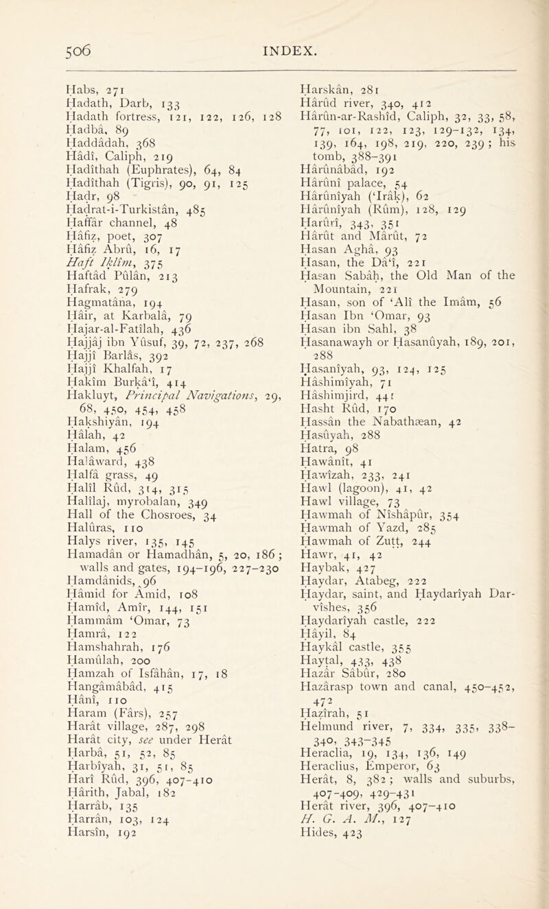 Habs, 271 Hadath, Darb, 133 Iladath fortress, 121, 122, 126, 128 Iladba, 89 Haddadah, 368 Hadi, Caliph, 219 Hadithah (Euphrates), 64, 84 Hadithah (Tigris), 90, 91, 125 Hadr, 98 Hadrat-i-Turkistan, 485 Haffar channel, 48 Hafiz, poet, 307 Hafiz Abru, 16, 17 Haft Iklim, 375 Haftad Pulan, 213 Hafrak, 279 Hagmatana, 194 Hair, at Karbala, 79 Hajar-al-Fatilah, 436 Hajjaj ibn Yusuf, 39, 72, 237, 268 Hajji Barlas, 392 Haiji Khalfah, 17 Hakim Burka‘i, 414 Hakluyt, Principal Navigations, 29, 68, 450, 454, 458 Hakshiyan, 194 Halah, 42 Halam, 456 Hal award, 438 Haifa grass, 49 Halil Rud, 314, 315 Halilaj, myrobalan, 349 Hall of the Chosroes, 34 Haluras, no Halys river, 135, 145 Hamadan or Hamadhan, 5, 20, 186; walls and gates, 194-196, 227-230 Hamdanids, 96 Hamid for Amid, 108 Hamid, Amir, 144, 151 Hammam ‘Omar, 73 Hamra, 122 Hamshahrah, 176 Ha mid ah, 200 Hamzah of Isfahan, 17, 18 Hangamabad, 415 Hani, no Haram (Fars), 257 Harat village, 287, 298 Harat city, see under Herat Harba, 51, 52, 85 Harbiyah, 31, 51, 85 Hari Rud, 396, 407-410 Harith, Jabal, 182 Harrab, 135 Harran, 103, 124 Harsin, 192 Harskan, 281 Harud river, 340, 412 Harun-ar-Rashid, Caliph, 32, 33, 58, 77, 101, r22, 123, 129-132, 134, 139, 164, 198, 219, 220, 239; his tomb, 388-391 Harunabad, 192 Haruni palace, 54 Haruniyah (‘Irak), 62 Haruniyah (Rum), 128, 129 Haruri, 343, 351 Harut and Marut, 72 Hasan Agha, 93 Hasan, the Da‘i, 221 Hasan Sabah, the Old Man of the Mountain, 221 Hasan, son of ‘All the Imam, 56 Hasan Ibn ‘Omar, 93 Hasan ibn Sahl, 38 Hasanawayh or Hasanuyah, 189, 201, ' 288 Hasaniyah, 93, 124, 125 Hashimiyah, 71 Hashimjird, 441 Hasht Rud, 170 Hassan the Nabathaean, 42 Hasuyah, 288 Hatra, 98 Hawanit, 41 Hawizah, 233, 241 Hawl (lagoon), 41, 42 Hawl village, 73 Hawmah of Nishapur, 354 Hawmah of Yazd, 285 Hawmah of Zutt, 244 Hawr, 41, 42 Hay bale, 427 Haydar, Atabeg, 222 Haydar, saint, and Haydariyah Dar- vishes, 356 Haydariyah castle, 222 Hayil, 84 Haykal castle, 355 Haytal, 433, 438 Hazar Sabur, 280 Hazarasp town and canal, 450-452, 472 Hazirah, 51 Heimund river, 7, 334, 335, 338- 340^ 343-345 Heraclia, 19, 134, 136, 149 Heraclius, Emperor, 63 Herat, 8, 382; walls and suburbs, 407-409, 429-43i Herat river, 396, 407—410 H . (j . A. ]\1., 127 Hides, 423