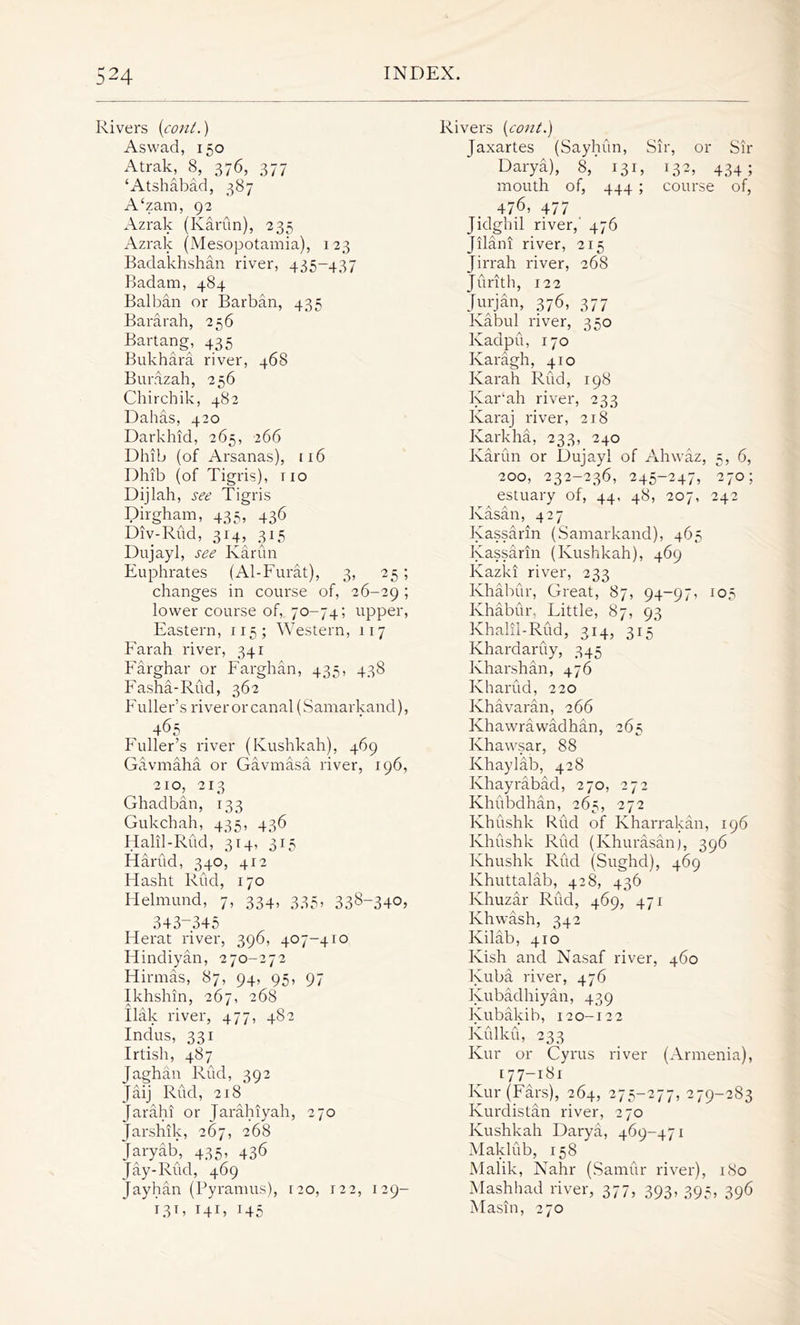 Rivers [coni.) Asvvad, 150 Atrak, 8, 376, 377 ‘Atshabad, 387 A‘zam, 92 Azrak (Ivarun), 235 Azrak (Mesopotamia), 123 Badakhshan river, 435-437 Badam, 484 Balban or Barban, 435 Bararah, 256 Bartang, 435 Bukhara river, 468 Burazah, 256 Chirchik, 482 Dahas, 420 Darkhid, 265, 266 Dliib (of Arsanas), 116 Dhib (of Tigris), tio Dijlah, see Tigris Dirgham, 435, 436 Div-Rud, 314, 315 Dujayl, see Ivarun Euphrates (Al-Furat), 3, 25; changes in course of, 26-29 ; lower course of, 70-74; upper, Eastern, 115 ; Western, 117 Farah river, 341 Farghar or Farghan, 435, 438 Fasha-Rud, 362 Fuller’s river or canal (Samarkand), 465 Fuller’s river (Kushkah), 469 Gavmaha or Gavmasa river, 196, 210, 213 Ghadban, 133 Gukchah, 435, 436 Halil-Rud, 314, 315 Harud, 340, 412 Hasht Rud, 170 Helmund, 7, 334, 335, 338~340, 343—345 Herat river, 396, 407-410 Hindiyan, 270-272 Hirmas, 87, 94, 95, 97 Ikhshin, 267, 268 Ilak river, 477, 482 Indus, 331 Irtish, 487 Jaghan Rud, 392 Jaij Rud, 218 Jarahi or Jarahiyah, 270 Jarshik, 267, 268 Jaryab, 435, 436 Jay-Rud, 469 Jayhan (Byramus), no, 122, 129- 131, 141, 145 Rivers (cont.) Jaxartes (Sayhun, Sir, or Sir Darya), 8, 131, 132, 434; mouth of, 444 ; course of, 476, 477 Jidghil river,' 476 Jilani river, 215 Jirrah river, 268 Jiirith, 122 Jurjan, 376, 377 Kabul river, 350 Kadpu, 170 Karagh, 41 o Ivarah Rud, 198 Iyar‘ah river, 233 Karaj river, 218 Karkha, 233, 240 Ivarun or Dujayl of Ahwaz, 5, 6, 200, 232-236, 245-247, 270; estuary of, 44, 48, 207, 242 Ivasan, 427 Kassarin (Samarkand), 465 Kassarin (Kushkah), 469 Kazki river, 233 Khabur, Great, 87, 94-97, 105 Ivhabur, Little, 87, 93 Khalil-Rud, 314, 315 Khardaruy, 345 Ivharshan, 476 Ivharud, 220 Ivhavaran, 266 Khawrawadhan, 265 Khawsar, 88 Ivhaylab, 428 Ivhayrabad, 270, 272 Khubdhan, 265, 272 Khushk Rud of Kharrakan, 196 Khushk Rud (Khurasan), 396 Khushk Rud (Sughd), 469 Khuttalab, 428, 436 Ivhuzar Rud, 469, 471 Ivhwash, 342 Ivilab, 410 Kish and Nasaf river, 460 Kuba river, 476 Kubadhiyan, 439 Kubakib, 120-12 2 Kulku, 233 Kur or Cyrus river (Armenia), [77-181 Kur (Fare), 264, 275-277, 279-283 Kurdistan river, 270 Kushkah Darya, 469-471 Maklub, 158 Malik, Nahr (Samur river), 180 Mashhad river, 377, 393, 395, 396 Masin, 270
