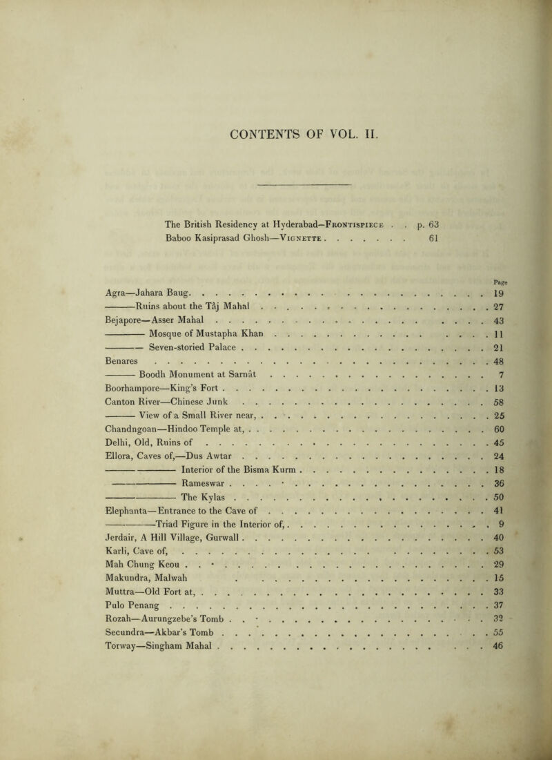 The British Residency at Hyderabad—Frontispiece . . p. 63 Baboo Kasiprasad Ghosh—Vignette 61 Pa^e Agra—Jahara Bang 19 Ruins about the TSj Mahal ... . . c 27 Bejapore—Asser Mahal .... 43 Mosque of Mustapha Khan .... 11 Seven-storied Palace 21 Benares 48 Boodh Monument at Samat 7 Boorhampore—King’s Fort 13 Canton River—Chinese Junk 58 View of a Small River near, 25 Chandngoan—Hindoo Temple at, 60 Delhi, Old, Ruins of 45 Ellora, Caves of,—Dus Awtar 24 Interior of the Bisma Kurm 18 Rameswar . . . . • 36 The Kylas 50 Elephanta—Entrance to the Cave of 41 Triad Figure in the Interior of, .9 Jerdair, A Hill Village, Gurwall 40 Karli, Cave of, 53 Mah Chung Keou . . • 29 Makundra, Malwah . 15 Muttra—Old Fort at, 33 Pulo Penang 37 Rozah—Aurungzebe’s Tomb . . • • . . 32 Secundra—Akbar’s Tomb . 55 Torway—Singham Mahal ... 46