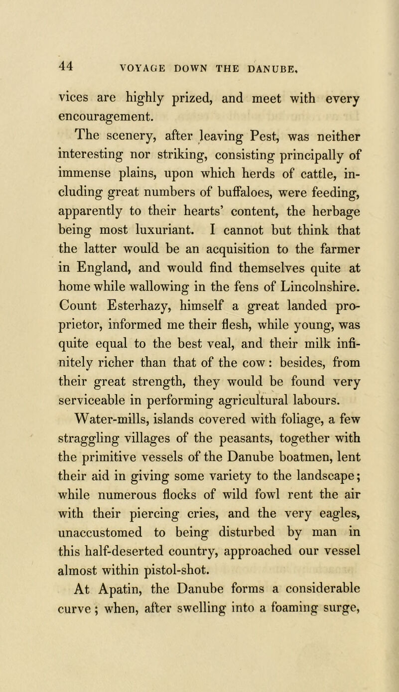 vices are highly prized, and meet with every encouragement. The scenery, after leaving Pest, was neither interesting nor striking, consisting principally of immense plains, upon which herds of cattle, in- cluding great numbers of buffaloes, were feeding, apparently to their hearts’ content, the herbage being most luxuriant. I cannot but think that the latter would be an acquisition to the farmer in England, and would find themselves quite at home while wallowing in the fens of Lincolnshire. Count Esterhazy, himself a great landed pro- prietor, informed me their flesh, while young, was quite equal to the best veal, and their milk infi- nitely richer than that of the cow: besides, from their great strength, they would be found very serviceable in performing agricultural labours. Water-mills, islands covered with foliage, a few straggling villages of the peasants, together with the primitive vessels of the Danube boatmen, lent their aid in giving some variety to the landscape; while numerous flocks of wild fowl rent the air with their piercing cries, and the very eagles, unaccustomed to being disturbed by man in this half-deserted country, approached our vessel almost within pistol-shot. At Apatin, the Danube forms a considerable curve ; when, after swelling into a foaming surge,