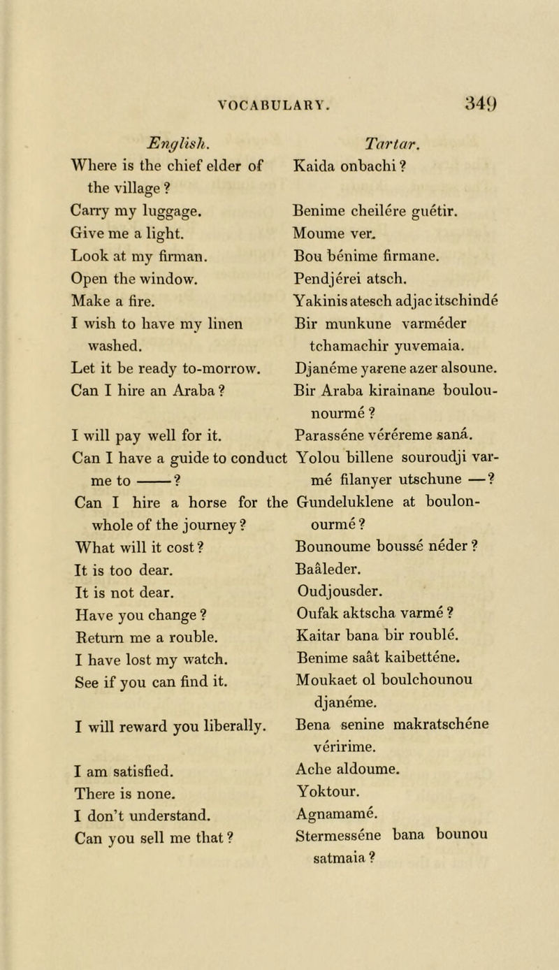 English. Where is the chief elder of the village ? Carry my luggage. Give me a light. Look at my finnan. Open the window. Make a fire. I wish to have my linen washed. Let it be ready to-morrow. Can I hire an Araba ? I will pay well for it. Can I have a guide to condi me to ? Can I hire a horse for whole of the journey ? What will it cost? It is too dear. It is not dear. Have you change ? Return me a rouble. I have lost my watch. See if you can find it. I will reward you liberally. I am satisfied. There is none. I don’t understand. Can you sell me that ? Tartar. Kaida onbachi ? Benime cheilere guetir. Moume ver. Bou benime firmane. Pendjerei atsch. Yakinisatesch adjacitschinde Bir munkune varmeder tchamachir yuvemaia. Djaneme yarene azer alsoune. Bir Araba kirainane boulou- nourme ? Parassene verereme sana. Yolou billene souroudji var- me filanyer utschune —? Gundeluklene at boulon- ourme ? Bounoume bousse neder ? Baaleder. Oudjousder. Oufak aktscha varme ? Kaitar bana bir rouble. Benime saat kaibettene. Moukaet ol boulchounou djaneme. Bena senine makratschene veririme. Ache aldoume. Yoktour. Agnamame. Stermessene bana bounou satmaia ?