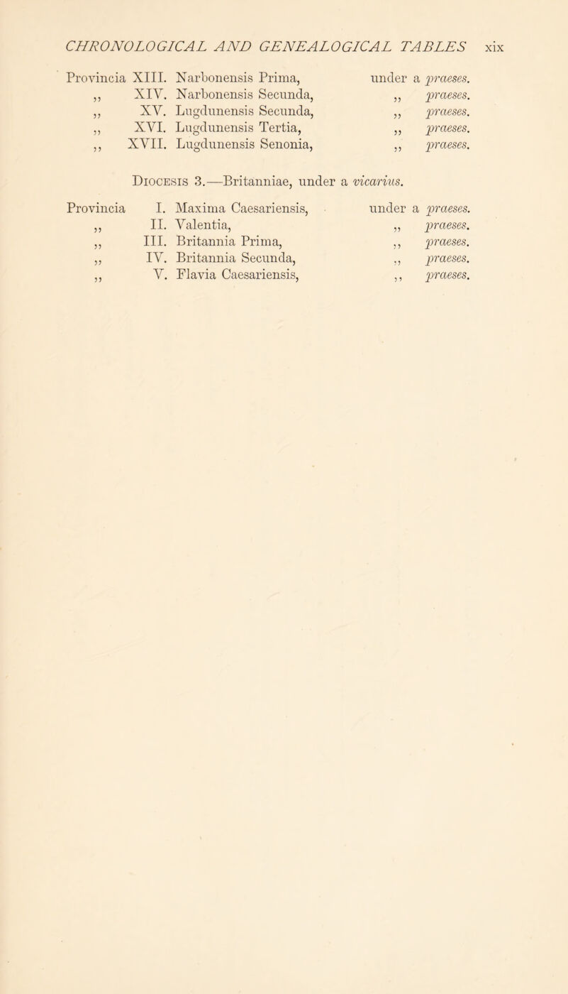 Provincia XIII. Narboneiisis Prima, ,, XIV. Narbonensis Secimda, ,, XY. Liigcliinensis Secuncia, ,, XVI. Lugdimensis Tertia, ,, XVII. Lugdunensis Senonia, Diocesis 3.—Britanniae, under a vicarius. Provincia I. Maxima Caesariensis, under 55 II. Valenti a, 55 III. Britannia Prima, ?? 55 IV. Britannia Secunda, r? 55 V. Flavia Caesariensis, under 5 J J) J5 55 a 2^raeses. ^oraeses. ])raeses. praeses. praeses. a praeses. praeses. praeses. praeses. praeses.