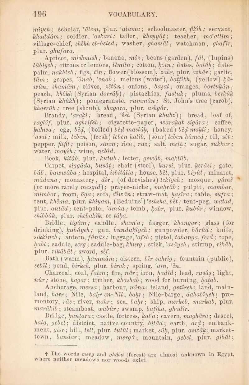 rrilyeh; scholar, rdiem, plnr. fulama; schoolmaster, filuh ; servant, khadddm; soldier, 'askari; tailor, kheyyat; teacher, mo'allim; village-chief, shehh el-beled; washer, ghassdl; watchman, ghafir, plnr. ghufara. Apricot, mishmish; banana, moz; heans (garden), ful, (lupins) lubiyeh• citrons or lemons, Umun; cotton, kotn; dates, balcih; date- palm, nakhleh; figs, tin; flower (blossom), zahr, plur. azhar; garlic, turn; grapes, runab, 'enctb; melons (water), battikh, (yellow) kd- wtin, shamdm; olives, zetun; onions , ftasa?; oranges, bortukdn; peach, khokh (Syrian dorrak); pistachios, fustuk; plums, berkuk (Syrian khukh); pomegranate, rumman; St. John’s tree (carob), kharrub; tree (shrub), shagara, plur. ashgdr. Brandy, 'araki; bread, fes/i (Syrian khubz); bread, loaf of, raghif, plur. aghrifeh; cigarette-paper, warakat sigdra; coffee, kahwa ; egg, &ed, (boiled) bed masluk, (baked) bedmakli; honey, 'asal; milk, leben, (fresh) leben haltb, (sour) Zedm helmed; oil, zet; pepper, filfil; poison, simm; rice, rws; salt, meZ/i; sugar, sukkar; water, moyeh; wine, nebtd. Book, kitab, plur. fcwtwft; letter, gewab, maktub. Carpet, siggdda, busat; chair (stool), kursi, plur. kerdsi; gate, M&, bawwdba ; hospital, isbitdlia; house, &ef, plur. biyut; minaret. mddana; monastery, der, (of dervishes) tekiyeh; mosque, gdmV (or more rarely mesgid) ; prayer-niche, malirdb ; pulpit, mambcir, mirnbar; room, oda; sofa, dlwan ; straw-mat, hastra; table, stt/ra ; tent, khema, plur. khiyam, (Beduins’) res/is/ia, tent-peg, watad, plur. autdd; tent-pole , ramud; tomb, fcadr, plur. kubur; window, shibbdk, plur. shebakik, or taka. Bridle, ligdm; candle, sham? a; dagger, khangar; glass (for drinking), kubdyeh; gun, bundukiyeh; gunpowder, bdrud; knife, sikkineh; lantern, fdnus; luggage, 'afsh; pistol, tabanga, ferd; rope, habl; saddle, serp; saddle-bag, khurg; stick,rasdyeh ; stirrup, rikdb, plur. rikdbdt; sword, se/1. Bath (warm), hammdm; cistern, sal mg; fountain (public), se6<C pond, birkeh, plur. birak; spring, ram, rm. Charcoal, coal, /ednn; fire, ndr; iron, hadid; lead, ntsds; light, nur; stone, 7ia<?ar; timber, khashab ; wood for burning, hatab. Anchorage, mersa; harbour, mina; island, gezireh; land, main- land, barr; Nile, bahr en-NU, 5a/ir; Nile-barge, dahabiyeh; pro- montory, rda ; river, nahr; sea, fta/ir; ship, merkeb, markab, plur. marakib ; steamboat, wabur; swamp, battha, ghadir. Bridge, kantara; castle, fortress, kaVa \ cavern, maghdra *, desert, hala, gebel] district, native country, bildd\ earth, ard; embank- ment, gdsr,- hill, plur. tulul] market, su/c, plur. aswdk\ market- town, bandar; meadow, merger; mountain, gre&e?, plur. gibdl] d Lke words and ghdbct (forest) are almost unknown in Egypt, where neither meadows nor woods exist.