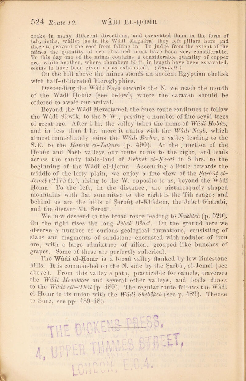 rocks in many different directions, and excavated them in the form of labyrinths, whilst (as in the Wadi Maghara) they left pillars here and there to prevent the roof from falling in. To judge from the extent of the mines the quantity of ore obtained must have been very considerable. To this day one Of the mines contains a considerable quantity of copper ore, while another, where chambers 80 ft. in length have been excavated, seems to have been given up as exhausted’. (EilppelL) On the hill above the mines stands an ancient Egyptian obelisk with half-obliterated hieroglyphics. Descending the Wadi Nash towards the N. vre reach the mouth of the Wadi Hobuz (see below), where the caravan should be ordered to await our arrival. Beyond the Wadi Merattameh the Suez route continues to follow the Wadi Suwik, to the N. W., passing a number of fine seyal trees of great age. After 1 hr. the valley takes the name of Wadi Hobuz, and in less than 1 hr. more it unites with the Wadi Nasb, which almost immediately joins the Wadi BNba\ a valley leading to the S.E. to the Hanak el-Laham (p. 490). At the junction of the Hobuz and Nasb valleys our route turns to the right, and leads across the sandy table-land of Debbet el-Kerai in 3 hrs. to the beginning of the Wadi el-Homr. Ascending a little towards the middle of the lofty plain, we enjoy a fine view of the Sarbut el- Jemel (2175 ft.}, rising to the W. opposite to us, beyond the Wadi Homr. To the left, in the distance, are picturesquely shaped mountains with flat summits; to the right is the Till range; and behind us are the hills of Sarbut el-Khadem, the Jebel Gharabi, and the distant Mt. Serbal. We now descend to the broad route leading to Naikhleh (p. 520). On the right rises the long Jebel Bedar. On the ground here we observe a number of curious geological formations, consisting of slabs and fragments of sandstone encrusted with nodules of iron ore, with a large admixture of silica, grouped like bunches of grapes. Some of these are perfectly spherical. The Wadi el-Homr is a broad valley flanked by low limestone hills. It is commanded on the N. side by the Sarbut el-Jemel (see above). From this valley a path, practicable for camels, traverses the Wadi Mesakkar and several other valleys, and leads direct to the Wadi eth-Thdl (p. 489). The regular route follows the Wadi el-Homr to its union with the Wadi Shebekeh (see p. 489). Thence to Suez, see pp. 489-485.