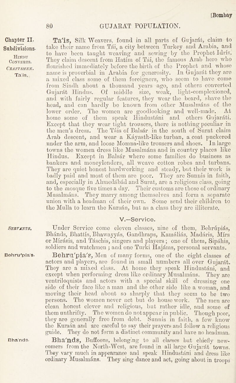 Chapter II. Subdivisions- Hindu Converts. Craftsmen. Ta'is. Servants, Behru'pia's. Bha'nds. 80 GUJARAT POPULATION. Ta'is, Silk Weavers, found in all parts of Gujar&t, claim to take tkeir name from Tai, a city between Turkey and Arabia, and to liavo been taught weaving and sewing by the Prophet Idris. They claim descent from Hatim of Tai, the famous Arab hero who flourished immediately before the birth of the Prophet and whose name is proverbial in Arabia for generosity. In Gujarat they are a mixed class some of them foreigners, who seem to have come from Sindh about a thousand years ago, and others converted Gujarat Hindus. Of middle size, weak, light-cornplexioned, and with fairly regular features, they wear the beard, shave the head, and can hardly be known from other Mu sal mans of the lower order. The women are goodlooking and well-made. At homo some of them speak Hindustani and others Gujarati. Except that they wear tight trousers, there is nothing peculiar in the men's dress. The Tais of Balsar in the south of Surat claim Arab descent, and wear a Kayasth-like turban, a coat puckered under the arm, and loose Momna-like trousers and shoes. In large towns the women dress like Musalmans and in country places like Hindus. Except in Balsar where some families do business as bankers and moneylenders, all weave cotton robes and turbans. They are quiet honest hardworking and steady, but their work is badly paid and most of them are poor. They are Sunnis in faith, and, especially in Ahmedabad and Surat, are a religious class, going to the mosque five times a day. Their customs are those of ordinary Musalmans. They marry among themselves and form a separate union with a headman of their own. Some send their children to the Mulla to learn the Kuraan, but as a class they are illiterate. V.—Service. Under Service come eleven classes, nine of them, Behrupids, Bhands, Bhattis, Bhawayyas, Gandhraps, Kamalias, Madaris, Mirs or Mirasis, and Tdschis, singers and players ; one of them, Sipahis, soldiers and watchmen ; and one Turki Hajdms, personal servants. Behru'pia's., Men of many forms, one of the eight classes of actors and players, are found in small numbers ail over Gujarat. They are a mixed class. At home they speak Hindustani, and except when performing dress like ordinary Musalmans. They are ventriloquists and actors with a special skill of dressing one side of their face like a man and the other side like a woman, and moving their head about so sharply that they seem to be two persons. The women never act but do house work. The men are clean honest clever and religious, but rather idle, and some of them unthrifty. The women do not appear in public. Though poor, they are generally free from debt. Sunnis in faith, a few know the Kuraan and are careful to say their prayers and follow a religious guide. They do not form a distinct community and have no headman. Bha'nds, Buffoons, belonging to all classes but chiefly new- comers from the North-West, are found in all large Gujarat towns. They vary much in appearance and speak Hindustani and dress like ordinary Musalmans. They sing dance and act, going about in troops