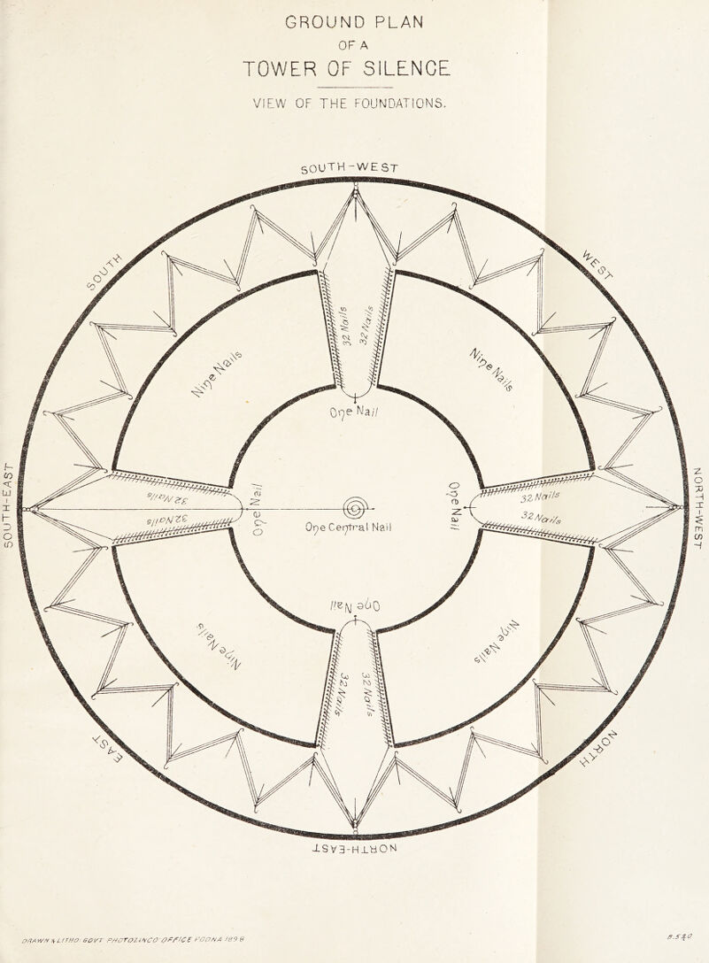 SOUTH-EAST GROUND PLAN OF A TOWER OF SILENCE VIEW OF THE FOUNDATIONS. 50UTH-WEST TSV3-HTHOH 0.f%O J-S3M-H1H0N