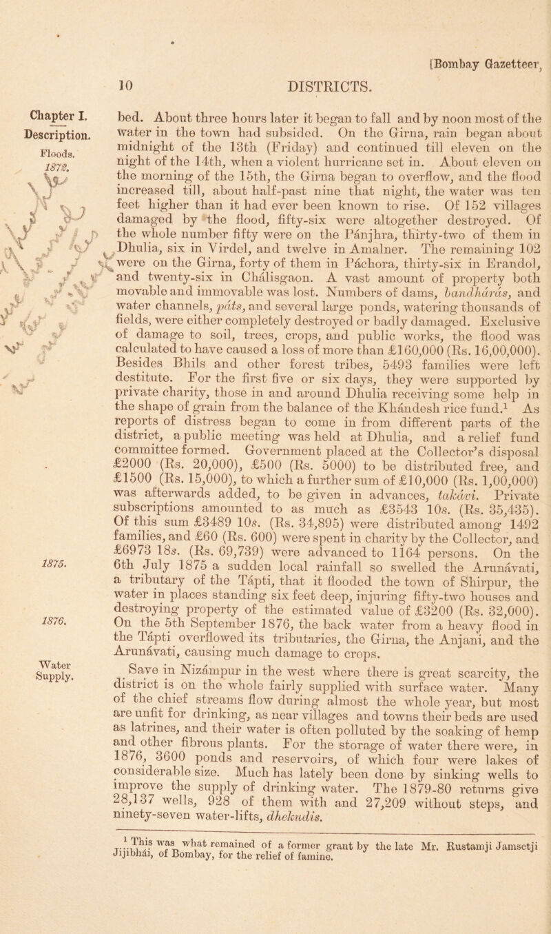 Description. Floods. 1872, ^ V 1875. 1876. Water Supply. [Bombay Gazetteer, 10 DISTRICTS. water in the town had subsided. On the Girna, rain began about midnight of the 13th (Friday) and continued till eleven on the night of the 14th, when a violent hurricane set in. About eleven on the morning of the 15th, the Girna began to overflow, and the flood increased till, about half-past nine that night, the water was ten feet higher than it had ever been known to rise. Of 152 villages damaged by Hhe flood, fifty-six were altogether destroyed. Of the whole number fifty were on the Panjhra, tlurty-two of them in Dhulia, six in Virdel, and twelve in Amalner. The remaining 102 i.^were on the Girna, forty of them in Pachora, thirty-six in Erandol, and twenty-six in Chalisgaon. A vast amount of property both movable and immovable was lost. Numbers of dams, handJidrds, and water channels, jpdtsy and several large ponds, watering thousands of fields, were either completely destroyed or badly damaged. Exclusive of damage to soil, trees, crops, and public works, the flood was calculated to have caused a loss of more than £160,000 (Rs. 16,00,000). Besides Bhils and other forest tribes, 5493 families were left destitute. For the first five or six days, they were supported by private charity, those in and around Dhulia receiving some help in the shape of grain from the balance of the Khandesh rice fund.^ As reports of distress began to come in from different parts of the district, a public meeting was held at Dhulia, and a relief fund committee formed. Government placed at the Collector’s disposal £2000 (Rs. 20,000), £500 (Rs. 5000) to be distributed free, and £1500 (Rs. 15,000), to which a further sum of £10,000 (Rs. 1,00,000) was afterwards added, to be given in advances, takdvi. Private subscriptions amounted to as much as £3543 10s. (Rs. 35,435). Of this sum £3489 10s. (Rs. 34,895) wore distributed among 1492 families, and £60 (Rs. 600) were spent in charity by the Collector, and £6973 18s. (Rs. 69,739) were advanced to 1164 persons. On the 6th July 1875 a sudden local rainfall so swelled the Arunavati, a tributary of the Tapti, that it fiooded the town of Shirpur, the water in places standing six feet deep, injuring fifty-two houses and destroying property of the estimated value of £3200 (Rs. 32,000). On the 5th September 1876, the back water from a heavy flood in the Tapti overflowed its tributaries, the Girna, the Anjani, and the Arunavati, causing much damage to crops. ^ Save in Nizampur in the west where there is great scarcity, the district is on the whole fairly supplied with surface water. Many of the chief streams flow during almost the whole year, but most are unfit for drinking, as near villages and towns their beds are used as latrines, and their water is often polluted by the soaking of hemp and other fibrous plants. For the storage of water there were, in 1876, 3600 ponds and reservoirs, of which four were lakes of considerable size. Much has lately been done by sinking wells to improve the supply of drinking water. The 1879-80 returns give 28,137 wells, 928 of them with and 27,209 without steps, and ninety-seven water-lifts, dhehudis. what remained of a former grant by the late Mr. Rustamii Jainsetii Jijibhdi, of Bombay, for the relief of famine.