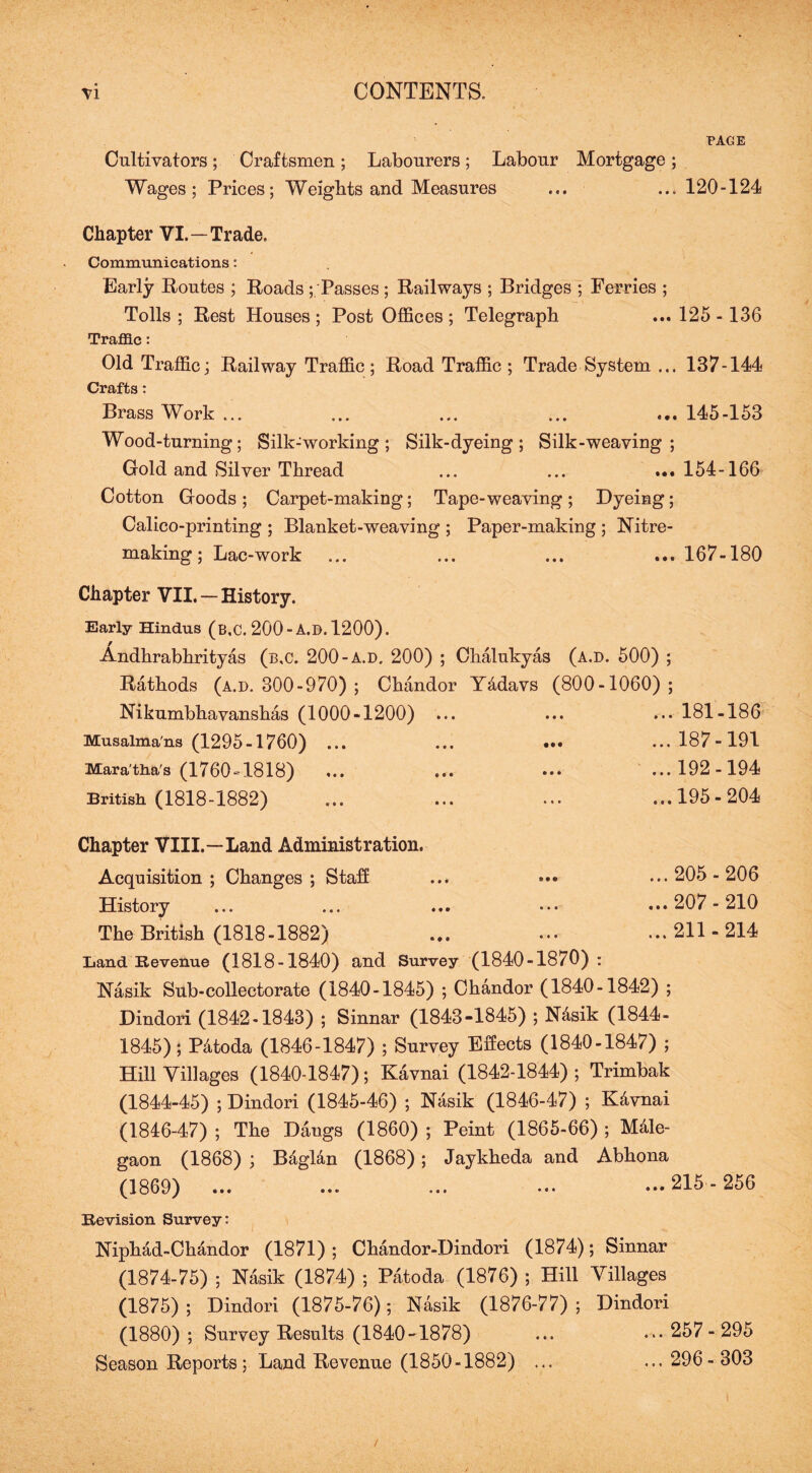 PAGE Cultivators ; Craftsmen ; Labourers ; Labour Mortgage ; Wages; Prices; Weights and Measures ... ... 120-124 Chapter VI.—Trade. Communications: Early Routes ; Roads ;. Passes ; Railways ; Bridges ; Ferries ; Tolls ; Rest Houses ; Post Offices ; Telegraph ... 125 - 136 Traffic: Old Traffic; Railway Traffic; Road Traffic ; Trade System ... 137-144 Crafts: Brass Work ... ... ... ... ... 145-153 Wood-turning; Silk-working; Silk-dyeing; Silk-weaving; Gold and Silver Thread ... ... ... 154-166 Cotton Goods ; Carpet-making; Tape-weaving ; Dyeing; Calico-printing ; Blanket-weaving ; Paper-making ; Nitre- making ; Lac-work ... ... ... ... 167-180 Chapter VII. — History. Early Hindus (b.C. 200 -A.D. 1200). Andhrabhrityas (b.C. 200-a.d. 200) ; Chalukyas (a.d. 500) ; Rathods (a.d. 300-970) ; Chandor Y&davs (800-1060); Nikumbhavanshas (1000-1200) ... • • • ... 181-186 Musalma'ns (1295-1760) ... • • • ... 187-191 Mara'tha's (1760-1818) • • • ...192-194 British (1818-1882) ...195-204 Chapter VIII.—Land Administration. Acquisition ; Changes ; Staff • • • ...205-206 History a • a ... 207 - 210 The British (1818-1882) a a a ...211-214 Land Revenue (1818-1840) and Survey (1840-1870): Nasik Sub-collectorate (1840-1845) ; Chandor (1840-1842) ; Dindori (1842-1843) ; Sinnar (1843-1845) ; Ndsik (1844- 1845); P&toda (1846-1847) ; Survey Effects (1840-1847) ; Hill Villages (1840-1847); Kavnai (1842-1844) ; Trimbak (1844-45) ; Dindori (1845-46) ; Nasik (1846-47) ; K&vnai (1846-47) ; The Dangs (1860) ; Peint (1865-66) ; MMe- gaon (1868) ; B&gl&n (1868) ; Jaykheda and Abhona (1869) • t # • •• 215 - 256 Revision Survey: Niphad-Chandor (1871) ; Chandor-Dindori (1874); Sinnar (1874-75) ; Nasik (1874) ; Patoda (1876) ; Hill Villages (1875) ; Dindori (1875-76); Nasik (1876-77) ; Dindori (1880); Survey Results (1840-1878) Season Reports; Land Revenue (1850-1882) ... 257 - 295 296 - 303 « t «