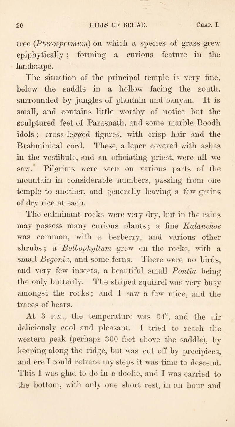 tree (Pterospermum) on which a species of grass grew epiphytically ; forming a curious feature in the landscape. The situation of the principal temple is very fine, below the saddle in a hollow facing the south, surrounded by jungles of plantain and banyan. It is small, and contains little worthy of notice hut the sculptured feet of Parasnath, and some marble Boodh idols; cross-legged figures, with crisp hair and the Brahminical cord. These, a leper covered with ashes in the vestibule, and an officiating priest, were all we saw. Pilgrims were seen on various parts of the mountain in considerable numbers, passing from one temple to another, and generally leaving a few grains of dry rice at each. The culminant rocks were very dry, but in the rains may possess many curious plants; a fine Kalanchoc was common, with a berberry, and various other shrubs; a Bolbophyllum grew on the rocks, with a small Begonia, and some ferns. There were no birds, and very few insects, a beautiful small Pontia being the only butterfly. The striped squirrel was very busy amongst the rocks; and I saw a few mice, and the traces of bears. At 3 p.m., the temperature was 54°, and the air deliciously cool and pleasant. I tried to reach the western peak (perhaps 300 feet above the saddle), by keeping along the ridge, but was cut off by precipices, and ere I could retrace my steps it was time to descend. This I was glad to do in a doolie, and I was carried to the bottom, with only one short rest, in an hour and