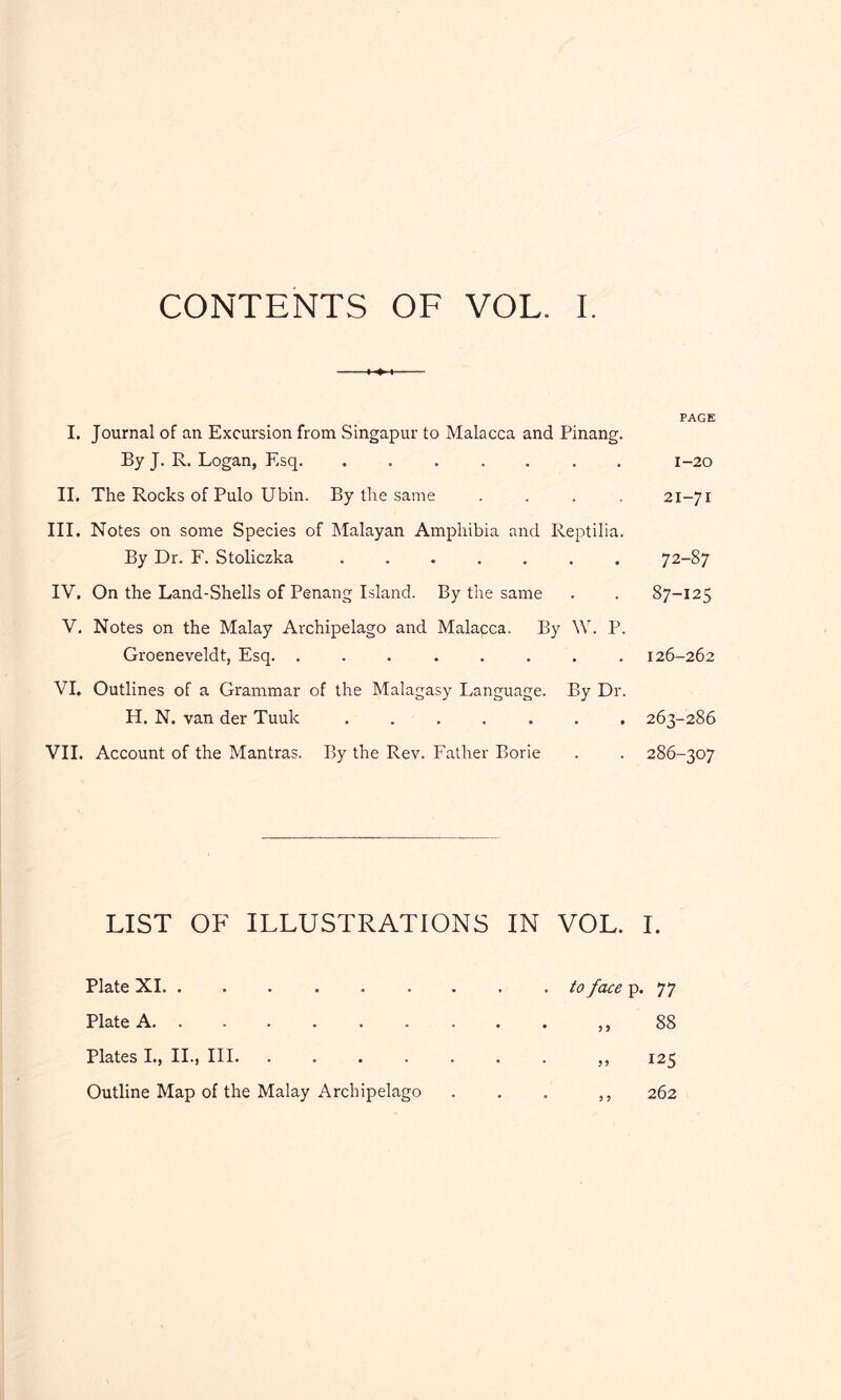 CONTENTS OF VOL. I. PAGE I. Journal of an Excursion from Singapur to Malacca and Pinang. By J. R. Logan, Esq. ....... 1-20 II. The Rocks of Pulo Ubin. By the same .... 21-71 III. Notes on some Species of Malayan Amphibia and Reptilia. By Dr. F. Stoliczka 72-87 IV. On the Land-Shells of Penang Island. By the same . . 87-125 V. Notes on the Malay Archipelago and Malacca. By W. P. Groeneveldt, Esq. ........ 126-262 VI. Outlines of a Grammar of the Malagasy Language. By Dr. H. N. van der Tuuk ....... 263-286 VII. Account of the Mantras. By the Rev. Father Borie . . 286-307 LIST OF ILLUSTRATIONS IN VOL. I. Plate XI. ......... to face p. 77 Plate A ,,88 Plates I., II., Ill ,, 125 Outline Map of the Malay Archipelago . . . ,, 262
