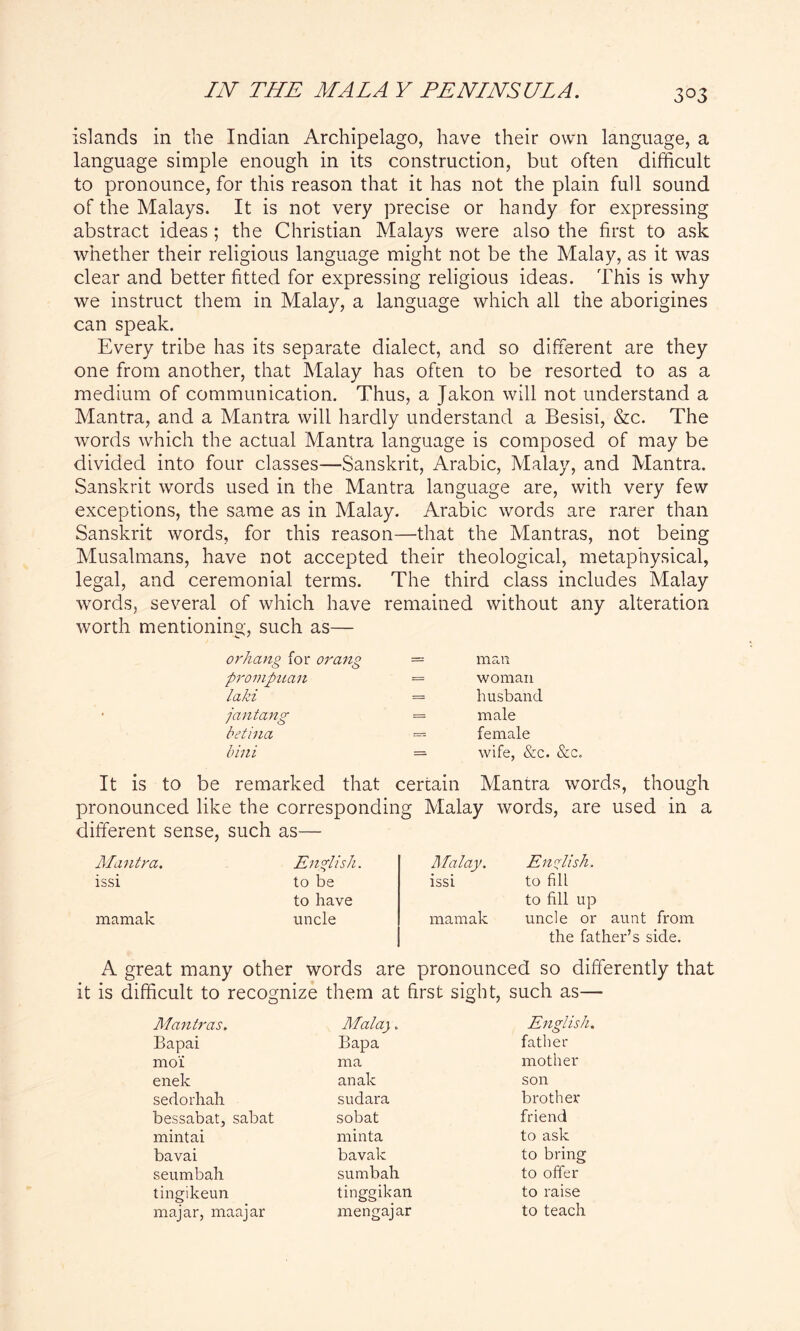 3°3 islands in the Indian Archipelago, have their own language, a language simple enough in its construction, but often difficult to pronounce, for this reason that it has not the plain full sound of the Malays. It is not very precise or handy for expressing abstract ideas ; the Christian Malays were also the first to ask whether their religious language might not be the Malay, as it was clear and better fitted for expressing religious ideas. This is why we instruct them in Malay, a language which all the aborigines can speak. Every tribe has its separate dialect, and so different are they one from another, that Malay has often to be resorted to as a medium of communication. Thus, a Jakon will not understand a Mantra, and a Mantra will hardly understand a Besisi, &c. The words which the actual Mantra language is composed of may be divided into four classes—Sanskrit, Arabic, Malay, and Mantra. Sanskrit words used in the Mantra language are, with very few exceptions, the same as in Malay. Arabic words are rarer than Sanskrit words, for this reason—that the Mantras, not being Musalmans, have not accepted their theological, metaphysical, legal, and ceremonial terms. The third class includes Malay wrords, several of which have remained without any alteration worth mentioning, such as— orhang for orang promptian laki /'an tang betina bini man woman husband male female wife, &c. &c. It is to be remarked that certain Mantra words, though pronounced like the corresponding Malay words, are used in a different sense, such as— Mantra. issi mamak English. to be to have uncle Malay. English. issi to fill to fill up mamak uncle or aunt from the father’s side. A great many other words are pronounced so differently that it is difficult to recognize them at first sight, such as— Mantras. Malay. English. O Bapai Bapa father moi ma mother enek anak son sedorhah sudara brother bessabat, sabat sobat friend mintai minta to ask bavai bavak to bring seumbah sum bah to offer tingikeun tinggikan to raise majar, maajar inengajar to teach