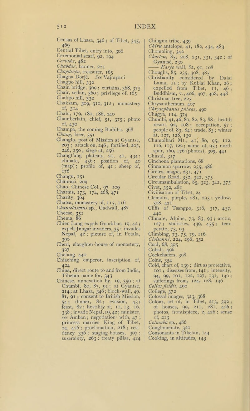 Census of Lhasa, 346 ; of Tibet, 345, . 469 Central Tibet, entry into, 306 Ceremonial scarf, 92, 194 Cervida, 482 Chabdcir, banner, 221 Chagdsojba, treasurer, 165 Chagna Dorje. See Vajrapani Chagpo hill, 332 Chain bridge, 309 ; curtains, 368, 375 Chair, sedan, 360; privilege of, 165 Chakpo hill, 332 Chaksam, 309,310,312; monastery of, 314 Chalu, 179, 180, 186, 240 Chamberlain, chief, 51, 375 ; photo ^ of, 430 Champa, the coming Buddha, 368 Chang, beer, 351 Changlo, post of Mission at Gyantse, 203 ; attack on, 246 ; fortified, 205, 246, 250 ; siege at, 256 Changt’ang plateau, 21, 41, 434; climate, 456; position of, 40 (map) ; profile of, 41 ; sheep of, 176 Changu, 151 Chanrazi, 209 Chao, Chinese Col., 97 109 Charms, 173, 174, 268, 471 Charity, 364 Chatsa, monastery of, 115, 116 Chaulelasmus sp., Gad wall, 487 Cheese, 351 Chema, 86 Chien Lung expels Goorkhas, 19, 42 ; expels Jungar invaders, 35 ; invades Nepal, 42 ; picture of, in Potala, 39? Cheri, slaughter-house of monastery, 327 Chetang, 440 Chiaching emperor, inscription of, 424 China, direct route to and from India, Tibetan name for, 343 Chinese, annexation by, 19, 359 ; at Chumbi, 80, 87, 91 ; at Gyantse, 214; at Lhasa, 346; block-wall, 49, Si, 91 ; consent to British Mission, 54; dinner, 82; evasion, 43; feast, 82 ; hostility of, 11,13, 16, 338; invade Nepal, 19,42; minister, see Amban; negotiation with, 47 ; princess marries King of Tibet, 24, 426; proclamation, 218; resi- dency 336 ; staging-houses, 307 ; suzerainty, 263 ; treaty pillar, 424 Chingmi tribe, 439 Chiru antelope, 41, 182, 434, 483 Chomoling, 342 Chorten, 85, 208, 231, 331, 342 ; of Gyantse, 230 Karpo wall, 82, 91, 108 Choughs, 85, 235, 30S, 485 Christianity considered by Dalai Lama, 11 ; by Kublai Khan, 26 ; expelled from Tibet, 11, 46; Buddhism, v.,406, 407, 408, 448 Christmas tree, 223 Chrysanthemum, 407 Chrysophanjis phltcas, 490 Chugya, 114, 374 Chumbi, 41,46, 80, 82, 83, 88 ; health resort, 92, 108 ; occupation, 57 ; people of, 83, 84 ; trade, 83 ; winter at, 127, 128, 130 Chumolhari Mt., 41, 80, 95, 112, 116, 117, 122; name of, 95; north spur, 160, 176 (photos), 309, 441 Chusul, 317 Cinchona plantations, 68 Cinnamon sparrow, 235, 486 Circles, magic, 231, 471 Circular Road, 332, 342, 375 Circumambulation, 85, 323, 342, 375 Civet, 352, 481 Civilisation of Tibet, 24 Clematis, purple, 281, 293 ; yellow, 308, 421 Cliffs of Tsangpo, 316, 317, 437, 440 Climate, Alpine, 73, 83, 93 ; arctic, 127; statistics, 439, 455; tem- perate, 73, 93 Climbing, 73, 75, 79, 116 CloisonnS, 224, 296, 352 Coal, 68, 305 Cobalt, 496 Cockchafers, 308 Coins, 354 Cold, chart of, 139 ; dirt as protective, iot ; diseases from, 141 ; intensity, 94, 99, 101, 122, 127, 131, 146; sufferings from, 124, 128, 146 ColiasJie/dii, 490 College, 372 Colossal images, 323, 368 Colour, art of, in Tibet, 213, 392 ; of houses, 99, 211, 281, 426; photos, frontispiece, 2, 426 ; sense of, 213 Colwnba sp., 486 Conglomerate, 320 Consonants in Tibetan, 144 Cooking, in altitudes, 143