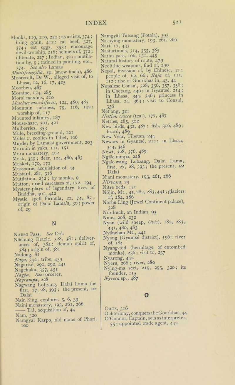 Monks, 119, 219, 220 ; as artists, 374 ; bring grain, 412; eat beef, 327> 374; eat eggs, 353 5 encourage devil-worship, 216; helmets of, 372> illiterate, 227 ; Indian, 320 ; mutila- tion by, 9 ; trained in painting, etc., 374. See also Lamas Montifringilla, sp. (snow-finch), 486 Moorcroft, Dr W., alleged visit of, to Lhasa, 12, 16, 17, 425 Moorhen, 487 Moraine, 154» 2&5 Moral maxims, 210 Moschus moschiferus, 124, 480, 4S3 Mountain sickness, 79, 116, 142; worship of, 117 Mounted infantry, 187 Mouse-hare, 301, 421 Mulberries, 353 Mule, breeding-ground, 121 Mules v. coolies in Tibet, 106 Murder by Lamaist government, 203 Murrain in yaks, m, 151 Muru monastery, 402 Musk, 359 5 deer, 124, 480, 4S3 Musket, 170, 172 Mussoorie, acquisition of, 44 Mustard, 281, 316 Mutilation, 252 ; by monks, 9 Mutton, dried carcasses of, 172, 194 Mystery-plays of legendary lives of Buddha, 401, 422 Mystic spell formula, 22, 74, 85 ; origin of Dalai Lama’s, 3° 5 power of, 29 N Nabso Pass. See Dok Nachung Oracle, 328, 381 ; deliver- ances of, 384 > demon spirit of, 384 ; origin of, 381 Nadong, 81 Naga, 342 ; tribe, 439 Nagartse, 290, 292, 441 Nagchuka, 357, 451 Nagpa. See sorcerer. Nagrampa, 228 Nag wan g Lobzang, Dalai Lama the first, 27, 28, 393 ; the present, see Dalai Nain Sing, explorer, 5, 6, 39 Naini monastery, I93> 2^L 266 Tal, acquisition of, 44 Nam, 320 Namgyiil Karpo, old name of Phari, 100 Namgyiil Tatsang (Potala), 393 Na-nying monastery, I93> 261, 266 Nari, 17, 433 Nasturtiums, 314, 355, 3°5 Nathu pass, 106, 151, 445 Natural history of route, 479 Neolithic weapons, find of, 290 Nepal, invasion of, by Chinese, 42 ; people of, 62, 66; Jla/a of, III, 112 ; rise of Goorkhas in, 43, 44 Nepalese Consul, 328, 356, 357, 358 ; in Chetang, 440; in Gyantse, 214; in Lhasa, 344, 346; princess in Lhasa, 24, 363 ; visit to Consul, 356 Net’ang, 321 Nettion crecca (teal), 177, 487 Nettles, 285, 302 New birds, 432, 487 ; fish, 306, 4S9 ; lizard, 489 New Year, Tibetan, 244 Newars in Gyantse, 214; in Lhasa, 344, 346 Newt, 328, 376, 489 Ngak-rampa, 228 Ngak-wang Lobzang, Dalai Lama, first, 27, 28, 393 ; the present, see Dalai Niani monastery, 193, 261, 266 Nirvana, 29 Nitre beds, 170 Nojin, Mt., 41, 282, 283, 441; glaciers of, 284, 286 Norbu Ling (Jewel Continent palace), 328 Nordrach, an Indian, 93 Nuns, 208, 232 Nyan (wild sheep, Ovts), 182, 283, 431, 480, 4S3 Nyanchan Mt., 441 Nyang (Gyantse district), 196 ; river of, 184 Nyang-tod (hermitage of entombed monks), 236; visit to, 237 Nyarong, 442 Nyeru, 266 ; river, 280 Nying-ma sect, 219, 295, 320; its founder, 115 Nyroca sp., 487 o Oats, 316 Ochterlony, conquers theGoorkhas, 44 O’Connor, Captain, acts as interpreter, 55 ; appointed trade agent, 442