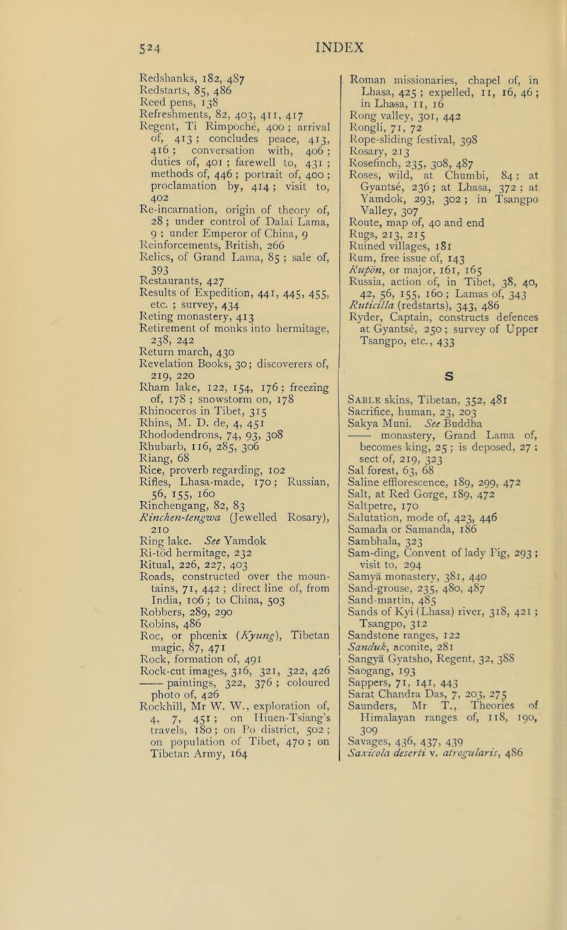 Redshanks, 182, 4S7 Redstarts, 85, 486 Reed pens, 138 Refreshments, 82, 403, 411, 417 Regent, Ti Rimpoche, 400 ; arrival of, 413; concludes peace, 413, 416 ; conversation with, 406; duties of, 401 ; farewell to, 431 ; methods of, 446 ; portrait of, 400 ; proclamation by, 414; visit to, 402 Re-incarnation, origin of theory of, 28; under control of Dalai Lama, 9 ; under Emperor of China, 9 Reinforcements, British, 266 Relics, of Grand Lama, 85 ; sale of, 393 Restaurants, 427 Results of Expedition, 441, 445, 455, etc. ; survey, 434 Reting monastery, 413 Retirement of monks into hermitage, 238, 242 Return march, 430 Revelation Books, 30; discoverers of, 219, 220 Rham lake, 122, 154, 176; freezing of, 178 ; snowstorm on, 178 Rhinoceros in Tibet, 315 Rhins, M. D. de, 4, 451 Rhododendrons, 74, 93, 308 Rhubarb, 116, 285, 306 Riang, 68 Rice, proverb regarding, 102 Rifles, Lhasa-made, 170; Russian, 56, 155, 160 Rinchengang, 82, 83 Rinchen-tengwa (Jewelled Rosary), 210 Ring lake. See Yamdok Ri-tod hermitage, 232 Ritual, 226, 227, 403 Roads, constructed over the moun- tains, 71, 442 ; direct line of, from India, 106 ; to China, 503 Robbers, 289, 290 Robins, 486 Roc, or phcenix (Kyung), Tibetan magic, 87, 471 Rock, formation of, 491 Rock-cut images, 316, 321, 322,426 paintings, 322, 376 ; coloured photo of, 426 Rockhill, Mr W. W., exploration of, 4, 7, 451; on Hiuen-Tsiang’s travels, 180; on Bo district, 502; on population of Tibet, 470 ; on Tibetan Army, 164 Roman missionaries, chapel of, in Lhasa, 425 ; expelled, 11, 16, 46; in Lhasa, 11, 16 Rong valley, 301, 442 Rongli, 71, 72 Rope-sliding festival, 398 Rosary, 213 Rosefinch, 235, 308, 487 Roses, wild, at Chumbi, 84; at Gyantse, 236; at Lhasa, 372 ; at Yamdok, 293, 302; in Tsangpo Valley, 307 Route, map of, 40 and end Rugs, 213, 215 Ruined villages, 181 Rum, free issue of, 143 Rttpon, or major, 161, 165 Russia, action of, in Tibet, 38, 40, 42, 56, 155, 160; Lamas of, 343 Ruticilla (redstarts), 343, 486 Ryder, Captain, constructs defences at Gyantse, 250; survey of U pper Tsangpo, etc., 433 S Sable skins, Tibetan, 352, 481 Sacrifice, human, 23, 203 Sakya Muni. See Buddha monastery, Grand Lama of, becomes king, 25 ; is deposed, 27 ; sect of, 219, 323 Sal forest, 63, 68 Saline efflorescence, 189, 299, 472 Salt, at Red Gorge, 189, 472 Saltpetre, 170 Salutation, mode of, 423, 446 Samada or Samanda, 186 Sambhala, 323 Sam-ding, Convent of lady Tig, 293; visit to, 294 Samya monastery, 3S1, 440 Sand-grouse, 235, 480, 487 Sand-martin, 485 Sands of Kyi (Lhasa) river, 318, 421 ; Tsangpo, 312 Sandstone ranges, 122 Sanduk, aconite, 281 Sangya Gyatsho, Regent, 32, 3SS Saogang, '193 Sappers, 71, 141, 443 Sarat Chandra Das, 7, 203, 275 Saunders, Mr T., Theories of Himalayan ranges of, 118, T90, 309 Savages, 436, 437, 439 Saxicolci descrti v. atrogularis, 486