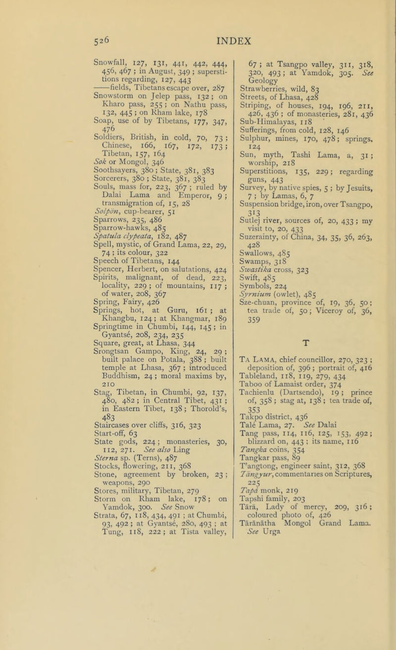 Snowfall, 127, 131, 441, 442, 444, 456, 467 ; in August, 349 ; supersti- tions regarding, 127, 443 -fields, Tibetans escape over, 287 Snowstorm on Jelep pass, 132 ; on Kharo pass, 255 ; on Nathu pass, 132, 445 ; on Rham lake, 178 Soap, use of by Tibetans, 177, 347, 476 Soldiers, British, in cold, 70, 73 ; Chinese, 166, 167, 172, 173 ; Tibetan, 157, 164 Soft or Mongol, 346 Soothsayers, 380; State, 381, 383 Sorcerers, 380 ; State, 381, 383 Souls, mass for, 223, 367 ; ruled by Dalai Lama and Emperor, 9 ; transmigration of, 15, 28 Solpon, cup-bearer, 51 Sparrows, 235, 486 Sparrow-hawks, 485 Spatula clypeata, 182, 487 Spell, mystic, of Grand Lama, 22, 29, 74 ; its colour, 322 Speech of Tibetans, 144 Spencer, Herbert, on salutations, 424 Spirits, malignant, of dead, 223, locality, 229; of mountains, 117 ; of water, 208, 367 Spring, Fairy, 426 Springs, hot, at Guru, 161 ; at Khangbu, 124; at Khangmar, 189 Springtime in Chumbi, 144, 145 ; in Gyantse, 208, 234, 235 Square, great, at Lhasa, 344 Srongtsan Gampo, King, 24, 29 ; built palace on Potala, 388 ; built temple at Lhasa, 367 ; introduced Buddhism, 24; moral maxims by, 210 Stag, Tibetan, in Chumbi, 92, 137, 480, 482 ; in Central Tibet, 431 ; in Eastern Tibet, 138 ; Thorold’s, 483 Staircases over cliffs, 316, 323 Start-off, 63 State gods, 224; monasteries, 30, 112, 271. See also Ling Sterna sp. (Terns), 487 Stocks, flowering, 211, 368 Stone, agreement by broken, 23 ; weapons, 290 Stores, military, Tibetan, 279 Storm on Rham lake, 178; on Yamdok, 300. See Snow Strata, 67, 118, 434, 491 ; at Chumbi, 93, 492 ; at Gyantse, 280, 493 ; at Tung, 118, 222; at Tista valley, 67 ; at Tsangpo valley, 311, 318, 320, 493; at Yamdok, 305. See Geology Strawberries, wild, 83 Streets, of Lhasa, 428 Striping, of houses, 194, 196, 211, 426, 436 ; of monasteries, 281, 436 Sub-Himalayas, 118 Sufferings, from cold, 128, 146 Sulphur, mines, 170, 478; springs, 124 Sun, myth, Tashi Lama, a, 31 ; worship, 218 Superstitions, 135, 229; regarding guns, 443 Survey, by native spies, 5 ; by Jesuits, 7 ; by Lamas, 6, 7 Suspension bridge, iron, over Tsangpo, 313 Sutlej river, sources of, 20, 433 ; my visit to, 20, 433 Suzerainty, of China, 34, 35, 36, 263, 428 Swallows, 485 Swamps, 318 Swastika cross, 323 Swift, 4S5 Symbols, 224 Syrnium (owlet), 485 Sze-chuan, province of, 19, 36, 50; tea trade of, 50; Viceroy of, 36, 359 T Ta Lama, chief councillor, 270, 323 ; deposition of, 396 ; portrait of, 416 Tableland, 118, 119, 279, 434 Taboo of Lamaist order, 374 Tachienlu (Dartsendo), 19; prince of, 358 ; stag at, 138 ; tea trade of, 353 Takpo district, 436 Tale Lama, 27. See Dalai Tang pass, 114, 116, 125, 153, 492; blizzard on, 443 ; its name, 116 Tangka coins, 354 Tangkar pass, §9 T’angtong, engineer saint, 312, 368 Tdngyur, commentaries on Scriptures, 225 Tapd monk, 219 Tapshi family, 203 Tara, Lady of mercy, 209, 316; coloured photo of, 426 Taranatha Mongol Grand Lama. See Urga