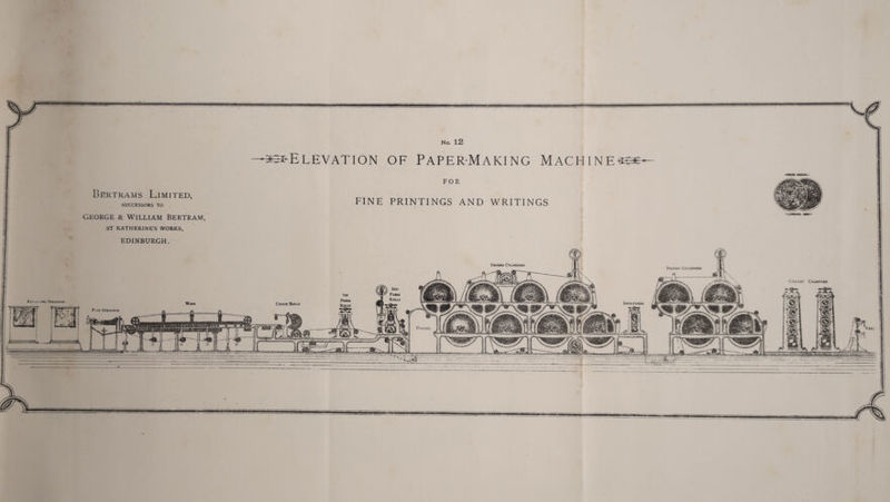 Bertrams Limited, SUCCESSORS TO GEORGE & WILLIAM BERTRAM, ST KATHERINES WORKS, EDINBURGH. No. 12 Elevation of Paper-Making Machine FOR FINE PRINTINGS AND WRITINGS CiitLUr Calutou