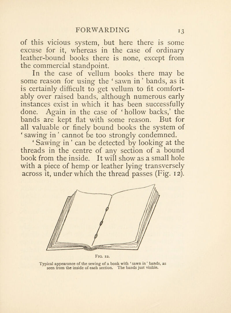 of this vicious system, but here there is some excuse for it, whereas in the case of ordinary leather-bound books there is none, except from the commercial standpoint. In the case of vellum books there may be some reason for using the ‘ sawn in ’ bands, as it is certainly difficult to get vellum to fit comfort¬ ably over raised bands, although numerous early instances exist in which it has been successfully done. Again in the case of ‘ hollow backs,’ the bands are kept flat with some reason. But for all valuable or finely bound books the system of ‘ sawing in ’ cannot be too strongly condemned. * Sawing in ’ can be detected by looking at the threads in the centre of any section of a bound book from the inside. It will show as a small hole with a piece of hemp or leather lying transversely across it, under which the thread passes (Fig. 12). Fig. 12. Typical appearance of the sewing of a book with ' sawn in 1 bands, as seen from the inside of each section. The bands just visible.