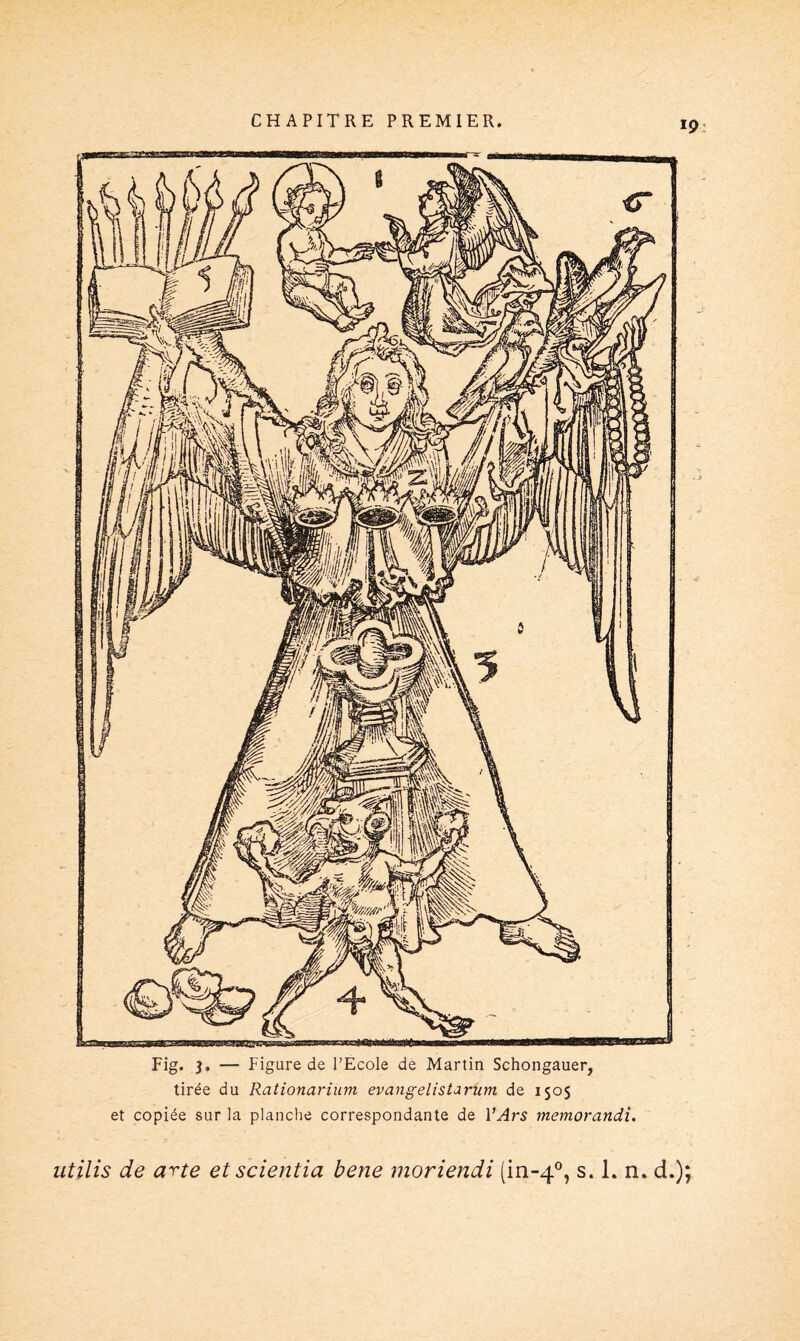 Fig. 3. — Figure de l’Ecole de Martin Schongauer, tirée du Rationarium evangelistarum de 1505 et copiée sur la planche correspondante de 1 ’Ars memorandi. utilis de arte et scientia bene moriendi (in-40, s. L n. d.);