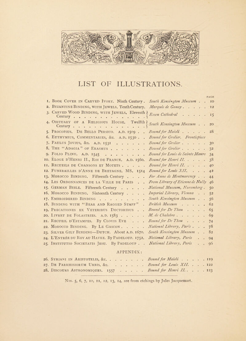 LIST OF ILLUSTRATIONS. 1. Book Cover in Carved Ivory. Ninth Century . 2. Byzantine Binding, with Jewels. Tenth Century. 3. Carved Wood Binding, with Jewels. Eleventh Century. 4. Obituary of a Religious House. Twelfth Century. 5. Procopius. De Bello P'ersico. a.d. 1509 . . 6. Euthymius, Commentaries, &c. a.d. 1530 . . 7. Paulus Jovius, &c. a.d. 1531. 8. The “Adagia” of Erasmus. 9. Folio Pliny, a.d. 1545. 10. Eloge d’Henri II., Roi de France, a.d. 1560. 11. Recueils de Chansons et Motets. 12. Funerailles d’Anne de Bretagne. MS. 1514 13. Morocco Binding. Fifteenth Century .... 14. Les Ordonnances de la Ville de Paris . . 15. German Bible. Fifteenth Century. 16. Morocco Binding. Sixteenth Century .... 17. Embroidered Binding. 18. Binding with “Bear and Ragged Staff” 19. Precationes ex Veteribus Doctoribus . . 20. Livret de Folastries. a.d. 1583. 21. Recueil d’Estampes. By Clovis Eve . . . 22. Morocco Binding. By Le Gascon. 23. Silver Gilt Binding—Dutch. About a.d. 1670. 24. L’EntrLe du Roy au Havre. ByPADELOUP. 1752. 25. Institutio Societatis Jesu. By Padeloup . . APPENDIX : 26. Syrian 1 in Aristotelis, &c. 27. De Parrhisiorum Urbis, &c. 28. Discours Astronomiques. 1557. PAGE South Kensington Museum . . 10 Marquis de Ganay.12 Essen Cathedral.15 South Kensington Museum . . 20 Bound for Maioli.28 Bound for Grolier. Frontispiece Bound for Grolier.30 Bound for Grolier.32 Bound for Louis de Sainte Maure 34 Bound for Henri II. .... 38 Bound for Henri II .... 40 Bound for Louis XII. ... 42 For Anne de Montmorency . . 44 From Library of Etienne de Nully 46 National Museum, Nuremberg . 50 Imperial Library, Vienna . . 52 South Kensington Museum . . 56 British Museum.62 Bound for De Thou .... 65 M. de Chalabre.69 Bound for De Thou .... 74 National Library, Baris ... 78 South Kensington Museum . . 82 National Library, Baris . . 94 National Library, Paris . . 96 Bound for Maioli.119 Bound for Louis XII. . . .122 Bound for Henri //. . . . .123