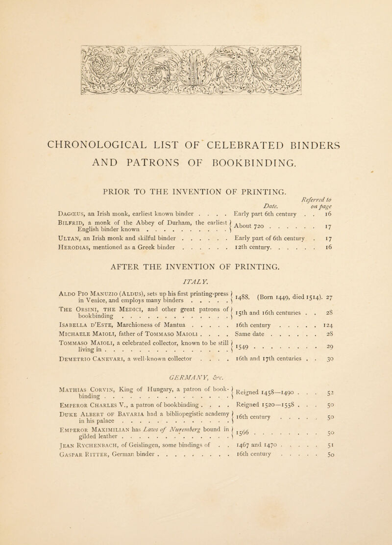 CHRONOLOGICAL LIST AND PATRONS OF CELEBRATED BINDERS OF BOOKBINDING. PRIOR TO THE INVENTION OF PRINTING. Referred to Date. on page Dagceus, an Irish monk, earliest known binder .... Early part 6th century . . 16 Bilfrid, a monk of the Abbey of Durham, the earliest ) , English binder known.) 0U '2°.1^ Ultan, an Irish monk and skilful binder.Early part of 6th century . 17 Herodias, mentioned as a Greek binder.12th century.16 AFTER THE INVENTION OF PRINTING. ITAL Y. Aldo Pio Manuzio (Aldus), sets up his first printing-press in Venice, and employs many binders. The Orsini, the Medici, and other great patrons of bookbinding. Isabella d’Este, Marchioness of Mantua. Michaele Maiolt, father of Tommaso Maioli .... Tommaso Maioli, a celebrated collector, known to be still living in. Demetrio Canevart, a well-known collector . . . . 1488. (Born 1449, died 1514). 27 15th and 16th centuries . . 28 16th century.124 Same date.28 1549 .29 16th and 17th centuries . . 30 GERMANY, Nc. Mathias Corvin, King of Hungary, a patron of book- ) R j d , -g_I4QO ,, binding.) 0 ^ ^ Emperor Charles V., a patron of bookbinding . . . . Reigned 1520—1558 ... 50 Duke Albert of Bavaria had a bibliopegistic academy ) ceut -Q in his palace.\ 1 y.^ Emperor Maximilian has Laws of Nuremberg bound in ) ^ r_ gilded leather.'..5° Tean Rychenbach, of Geislingen, some bindings of . . 1467 and 1470.51 Caspar Bitter, German binder.16th century.50