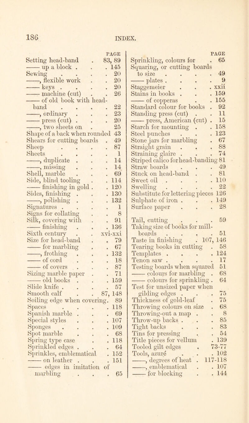 PAGE Setting head-band . 83, 89 --up a block . . . 145 Sewing . . . .20 -, flexible work . . 20 - keys . . . .20 -machine (cut) . .26 -of old book with head- band . . . .22 -, ordinary . . .23 -press (cut) . . .20 -, two sheets on . 25 Shape of a back when rounded 43 Shears for cutting boards . 49 Sheep . . . .87 Sheets .... 1 -, duplicate . . .14 -, missing . . .14 Shell, marble . . .69 Side, blind tooling . .114 -finishing in gold . .120 Sides, finishing . . .130 -, polishing . . .132 Signatures .... 1 Signs for collating . . 8 Silk, covering with . .91 -finishing . . .136 Sixth century . . xvi-xxi Size for head-band . .79 -for marbling . .67 -, frothing . . .132 -of cord . . .18 --of covers . . .87 Sizing marble paper . .71 -old books . . .159 Slide knife . . . .57 Smooth calf . . 87, 148 Soiling edge when covering. 89 Spaces . . . .118 Spanish marble . . .69 Special styles . . .107 Sponges . . . .109 Spot marble . . .68 Spring type case . .118 Sprinkled edges . . .64 Sprinkles, emblematical . 152 --on leather . . .151 - edges in imitation of marbling . . .65 PAGE Sprinkling, colours for . 65 Squaring, or cutting boards to size . . . .49 - plates .... 9 Staggemeier . . . xxii Stains in books . . .159 -of copperas . .155 Standard colour for books . 92 Standing press (cut) . .11 -press, American (cut) . 15 Starch for mounting . .158 Steel punches . . .123 Stone jars for marbling . 67 Straight grain . . .88 Straining glaire . . .74 Striped calico for head-banding 81 Straw boards . . .49 Stuck on head-band . .81 Sweet oil . . . 110 Swelling . . . .22 Substitute for lettering pieces 126 Sulphate of iron . . .149 Surface paper . . .28 Tail, cutting . . .59 Taking size of books for mill- boards . . . .51 Taste in finishing . 107, 146 Tearing books in cutting . 58 Templates . . . .124 Tenon saw . . . .17 Testing boards when squared 51 -colours for marbling . 68 -colours for sprinkling . 64 Test for unsized paper when gilding edges . . .75 Thickness of gold-leaf . 75 Throwing colours on size . 68 Tlirowing-out a map . . 8 Throw-up backs . . .85 Tight backs . . .83 Tins for pressing . . 54 Title pieces for vellum . 139 Tooled gilt edges . 73-77 Tools, azure . . .102 -, degrees of heat . 117-118 -, emblematical . . 107 -for blocking . .144