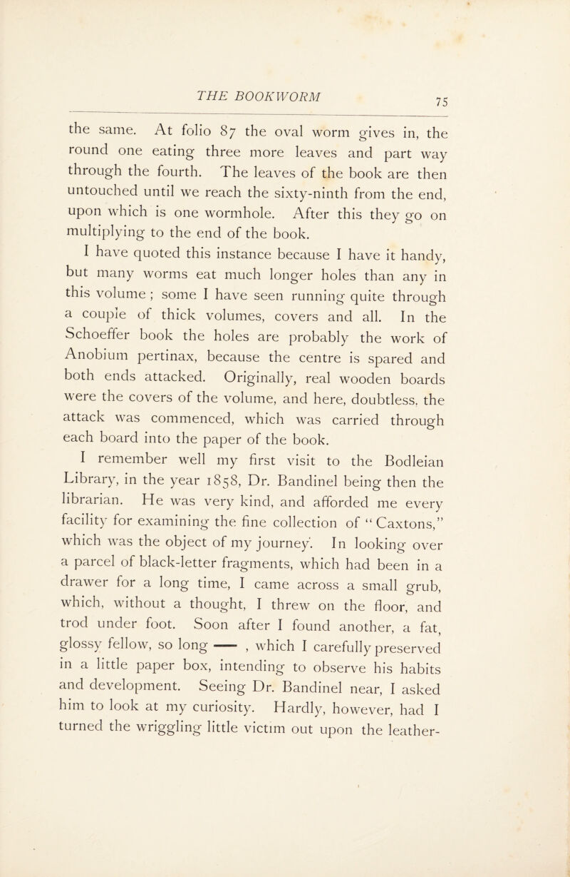 75 the same. At folio 87 the oval worm gives in, the round one eating three more leaves and part way through the fourth. The leaves of the book are then untouched until we reach the sixty-ninth from the end, upon which is one wormhole. After this they go on multiplying to the end of the book. I have quoted this instance because I have it handy, but many worms eat much longer holes than any in this volume ; some I have seen running quite through a couple of thick volumes, covers and all. I11 the Schoeffer book the holes are probably the work of Anobium pertinax, because the centre is spared and both ends attacked. Originally, real wooden boards were the covers of the volume, and here, doubtless, the attack was commenced, which was carried through each board into the paper of the book. I remember well my first visit to the Bodleian Library, in the year 1858, Dr. Bandinel being then the librarian. He was very kind, and afforded me every facility for examining the fine collection of “ Caxtons,” which was the object of my journey'. In looking over a parcel of black-letter fragments, which had been in a drawer for a long time, I came across a small grub, which, without a thought, I threw on the floor, and trod under foot. Soon after I found another, a fat, glossy fellow, so long-* , which I carefully preserved in a little paper box, intending to observe his habits and development. Seeing Dr. Bandinel near, I asked him to look at my curiosity. Hardly, however, had I turned the wriggling little victim out upon the leather-