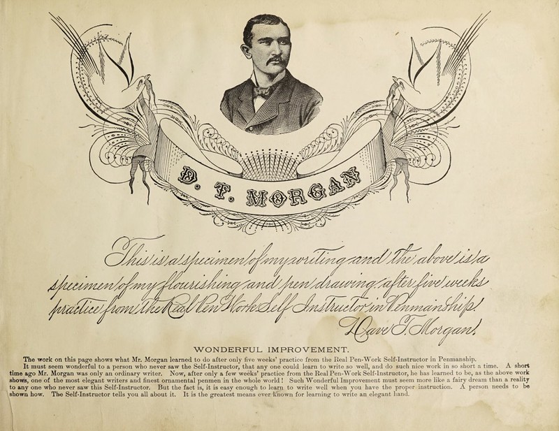 WONDERFUL IMPROVEMENT. The work on this page shows what Mr. Morgan learned to do after only five weeks’ practice from the Real Pen-Work Self-Instructor in Penmanship. It must seem wonderful to a person who never saw the Self-Instructor, that any one could learn to write so well, and do such nice work in so short a time. A short time ago Mr. Morgan was only an ordinary writer. Now, after only a few weeks’ practice from the Real Pen-Work Self-Instructor, he has learned to be, as the above work shows, one of the most elegant writers and finest ornamental penmen in the whole world ! Such Wonderful Improvement must seem more like a fairy dream than a reality to any one who never saw this Self-Instructor. But the fact is, it is easy enough to learn to write well when you have the proper instruction. A person needs to be shown how. The Self-Instructor tells you all about it. It is the greatest means ever known for learning to write an elegant hand.