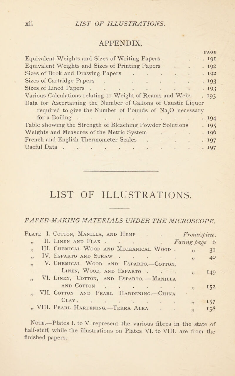 APPENDIX. PAGE Equivalent Weights and Sizes of Writing Papers . . . 191 Equivalent Weights and Sizes of Printing Papers . . . 192 Sizes of Book and Drawing Papers ...... 192 Sizes of Cartridge Papers . . . . . . . . 193 Sizes of Lined Papers . . . . . . . . . 193 Various Calculations relating to Weight of Reams and Webs . 193 Data for Ascertaining the Number of Gallons of Caustic Liquor required to give the Number of Pounds of Na20 necessary for a Boiling .......... 194 Table showing the Strength of Bleaching Powder Solutions . 195 Weights and Measures of the Metric System .... 196 French and English Thermometer Scales ..... 197 Useful Data ........... 197 LIST OF ILLUSTRATIONS. PAPER-MAKING MATERIALS UNDER THE MICROSCOPE. Plate I. Cotton, Manilla, and Hemp . . . Frontispiece. ,, II. Linen and Flax ..... Facing page 6 III. Chemical Wood and Mechanical Wood . ,, 31 IV. Esparto and Straw ..... ,,40 V. Chemical Wood and Esparto.—Cotton, Linen, Wood, and Esparto ... ,, 149 VI. Linen, Cotton, and Esparto. — Manilla and Cotton.,,152 VII. Cotton and Pearl Hardening.—China Clay.„I57 VIII. Pearl Hardening.—Terra Alba . . „ 158 Note.—Plates I. to V. represent the various fibres in the state of half-stuff, while the illustrations on Plates VI. to VIII. are from the finished papers.